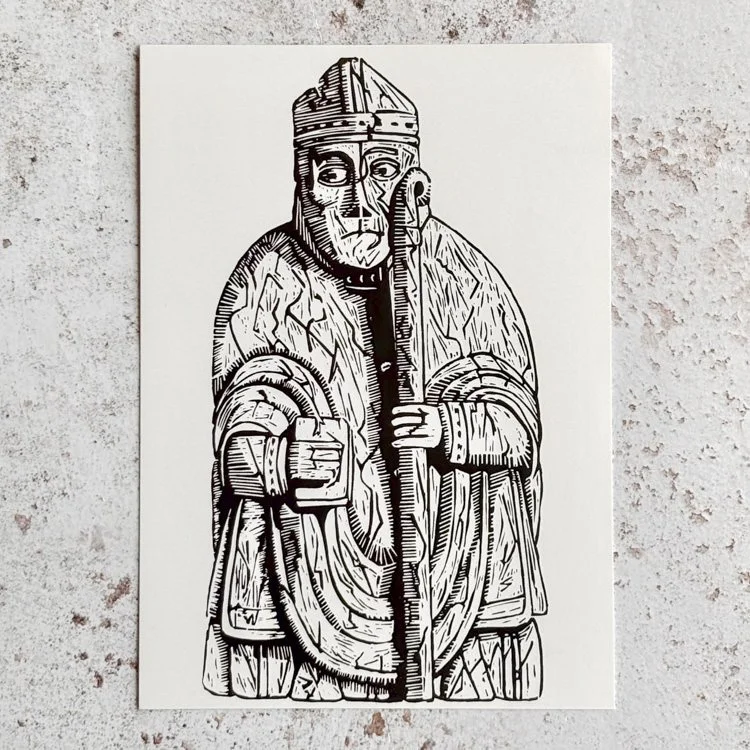 Bishop Lewis Chessmen Card - Original Lino-print by Jonathan Horner Hack