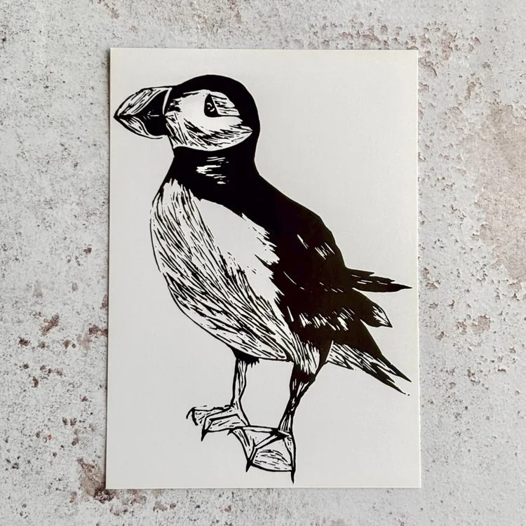 Puffin Card from an original Lino-print by Jonathan Horner Hack