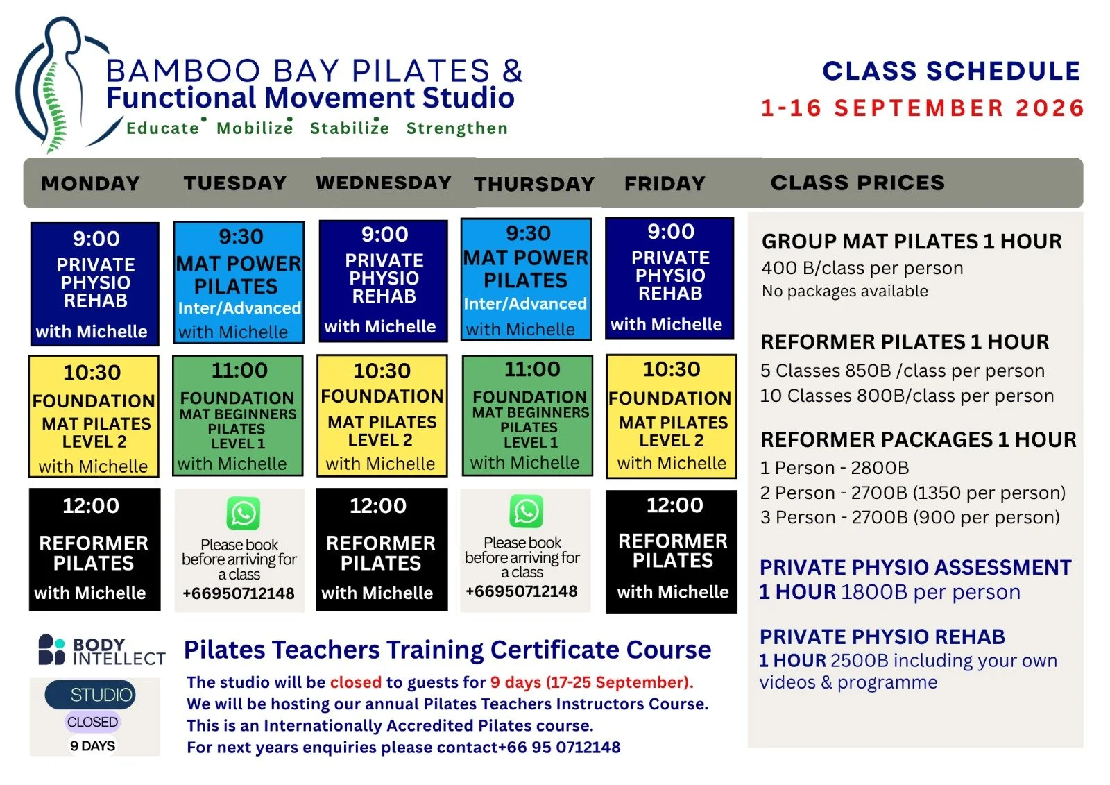 Class schedule for Bamboo Bay Pilates & Functional Movement Studio from September 1 to 16, 2026, showing weekly classes including private physio rehab, mat power Pilates, foundation Pilates, reformer Pilates, and assessment options, with prices and contact information.