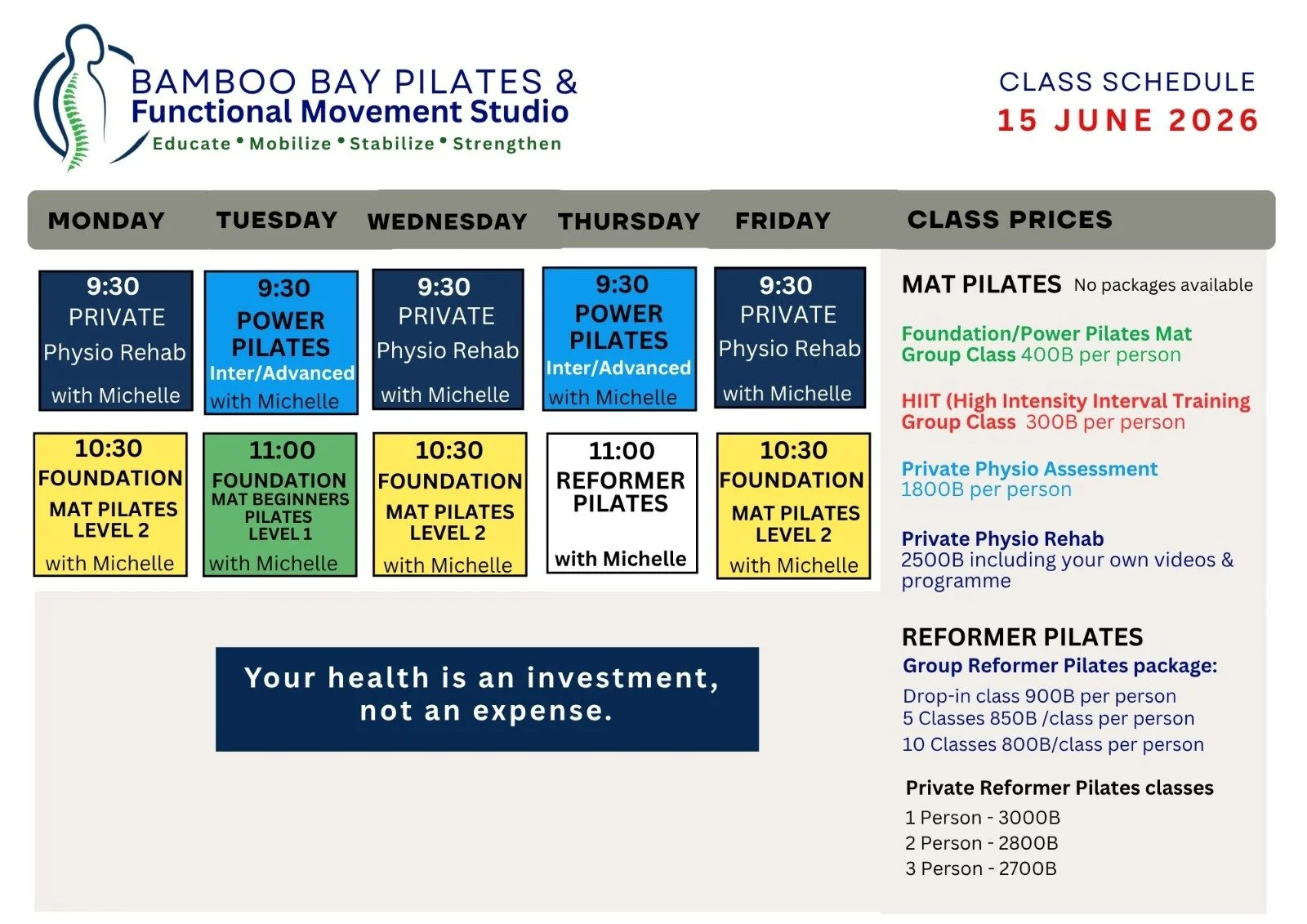 Class schedule for Bamboo Bay Pilates & Functional Movement Studio, dated June 15, 2026, showing various fitness classes throughout the week, including private Rehab, Power Pilates, Foundation Pilates, Reformer Pilates, and their respective times and instructors.