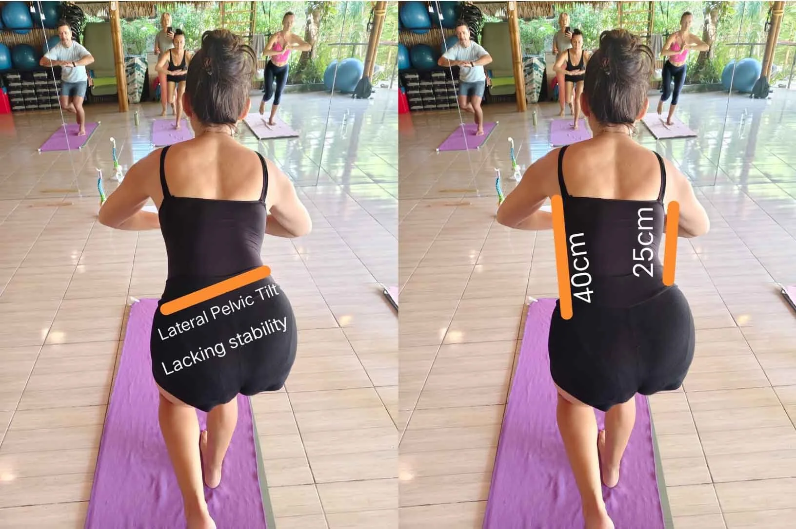 A woman with black hair in a black tank top and black shorts practicing yoga on a purple mat in a sunny, open studio. The mirror behind her shows a group of women performing similar poses, with a support person taking a photo. Text overlays indicate her pelvic tilt and stability is lacking, and measurements of her back and side are provided.