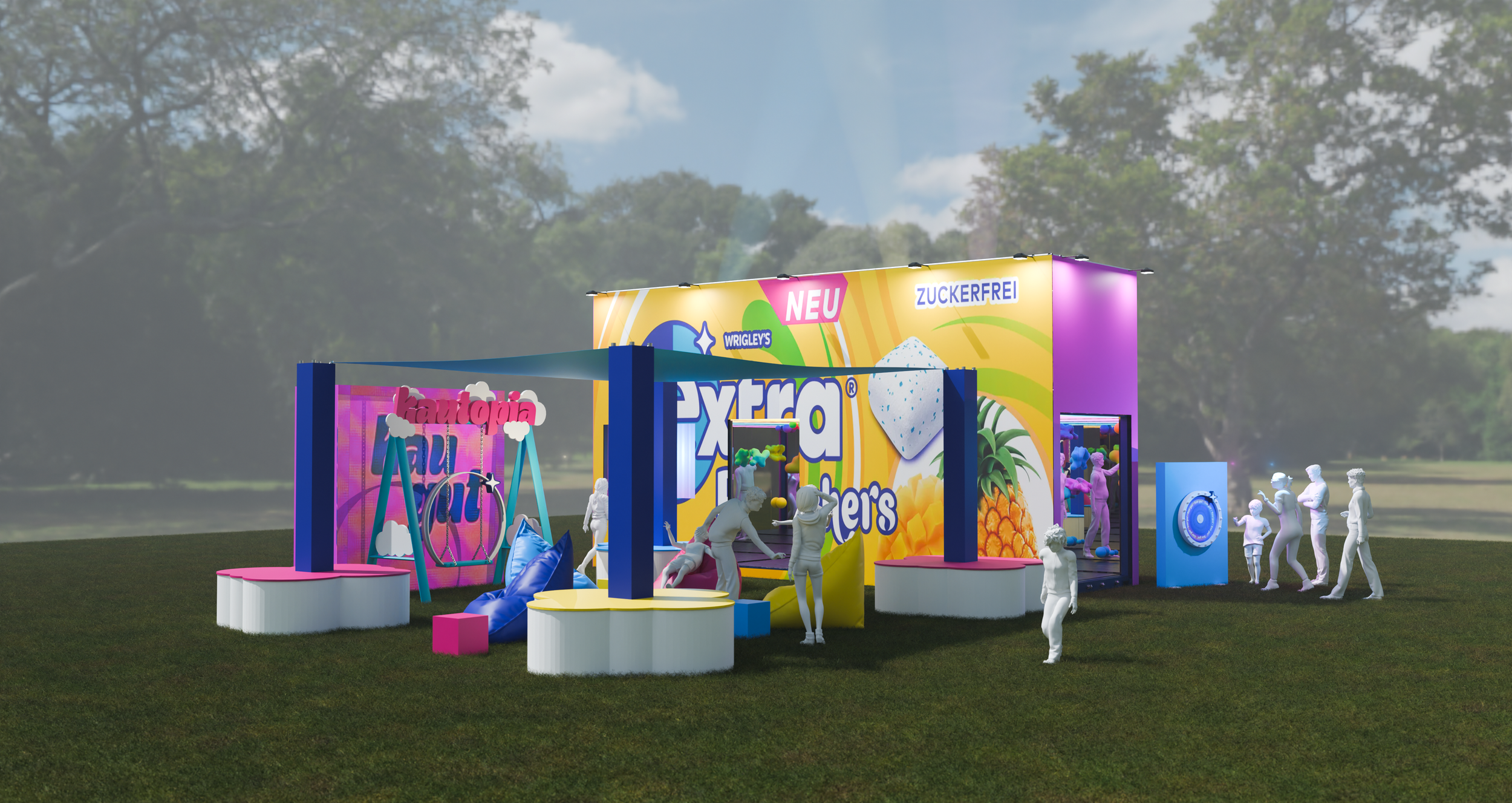 Ein Freizeitzelt auf einer Wiese mit bunten Werbeschilder für Süßigkeiten, darunter Kaugummi und Fruchtgummi, mit mehreren weißen Figuren, die Spielzeug spielen, und einer blauen Kletterwand im Hintergrund. Der Himmel ist bewölkt.
