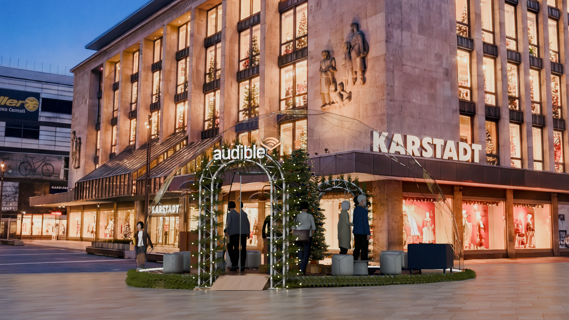 Render einer Pop Up Fläche vonAudible im Düsseldorfer Stadtzentrum bei Dämmerung mit beleuchteten Geschäften, Weihnachtsdeko und Menschen vor einem Eingangsbereich mit dem Schriftzug 'KARSTADT'.