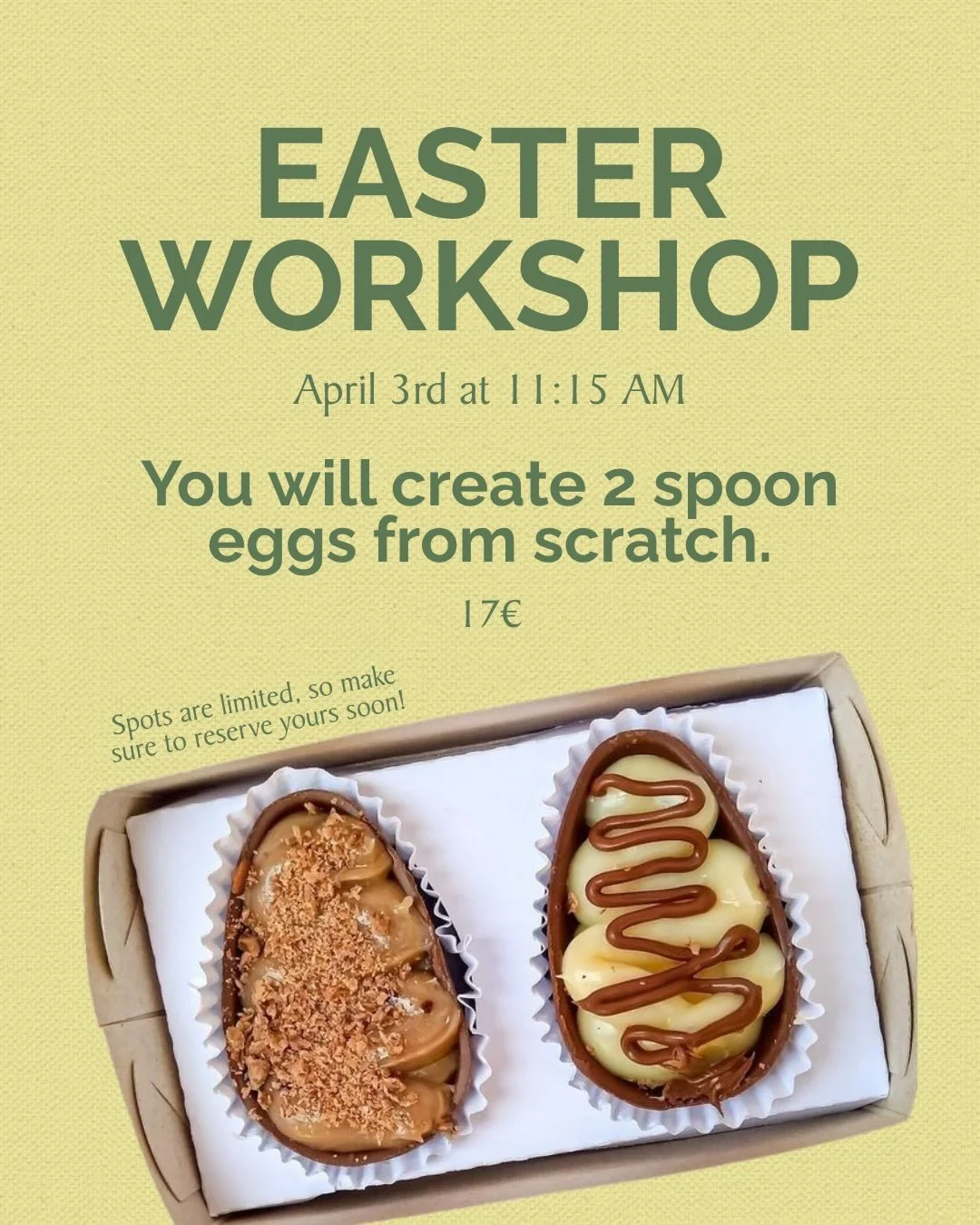 Easter Workshop 🐣✨
This Easter, we&rsquo;ve teamed up with @nenis.bites to bring you a fun and creative experience you don&rsquo;t want to miss.

You&rsquo;ll create 2 personalized eggs, perfect to enjoy or gift someone.

All materials are included 