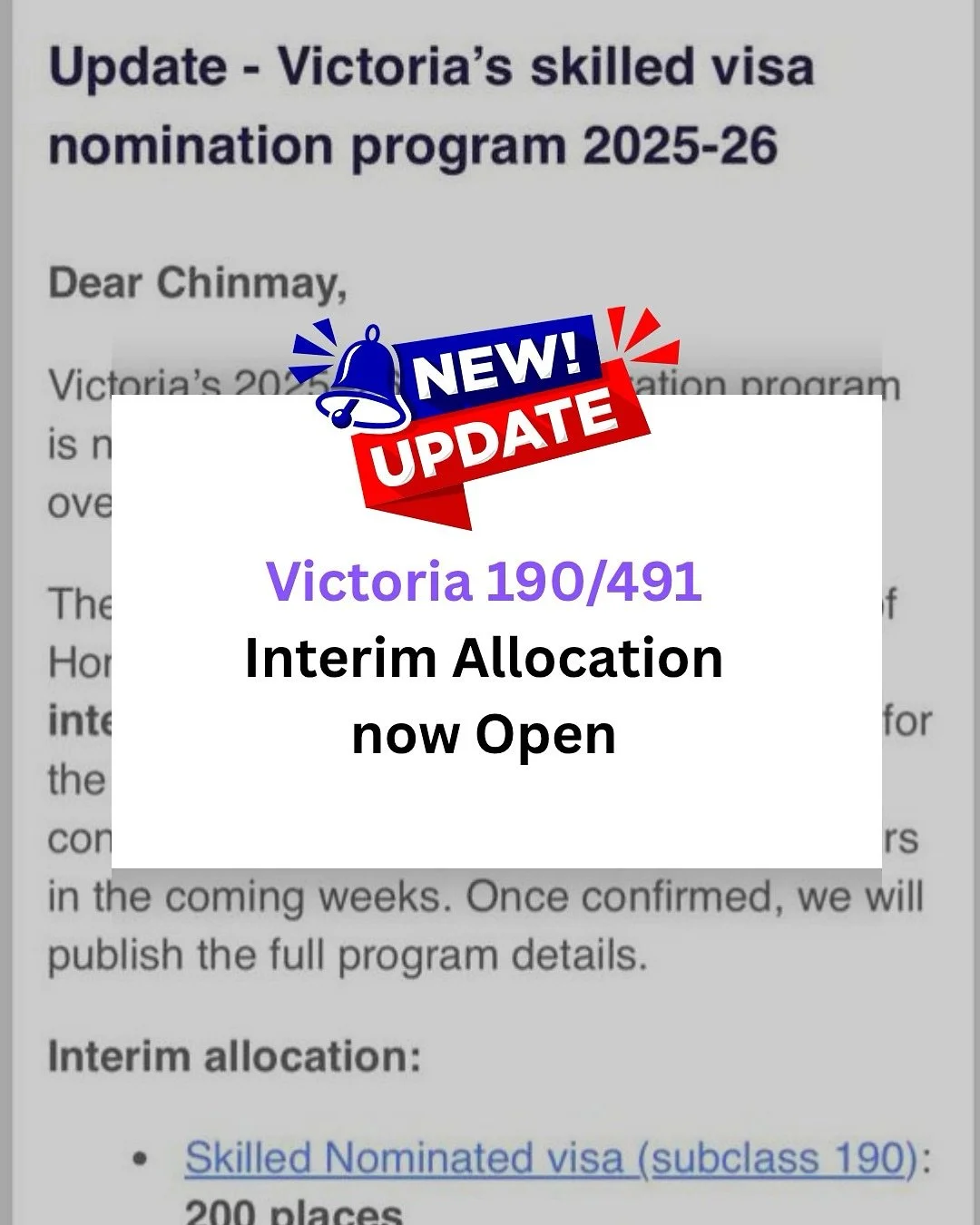 Victoria&rsquo;s 2025&ndash;26 Skilled Migration Program Now Open

Victoria has officially opened its Skilled Migration Program for the 2025&ndash;26 program year, effective 22nd October 2025.

🔹 Interim allocation announced:
	&bull;	200 places for 