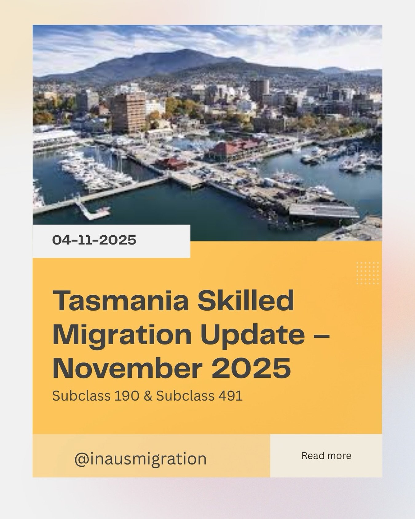 Read CAPTION to Know More👇

TASMANIA MIGRATION UPDATE | NOVEMBER 2025 🇦🇺

Big news for skilled professionals dreaming of Tasmania! ✨
Migration Tasmania has received an additional 450 interim nomination places from the Australian Government - openi