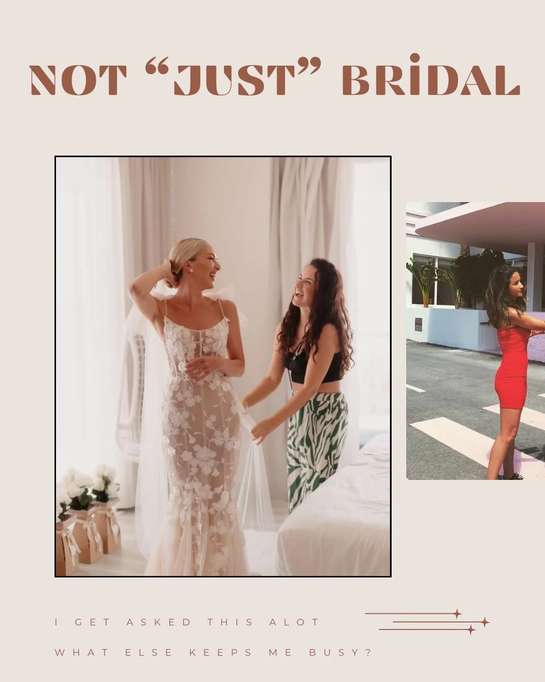 I get asked this a lot&hellip; do I only do bridal?

Short answer: no ✨

Weddings might be a big part of what I do, but they&rsquo;re not the only thing keeping me busy.

I work across:
&bull; shoots (editorial, brand, content days)
&bull; events (pa