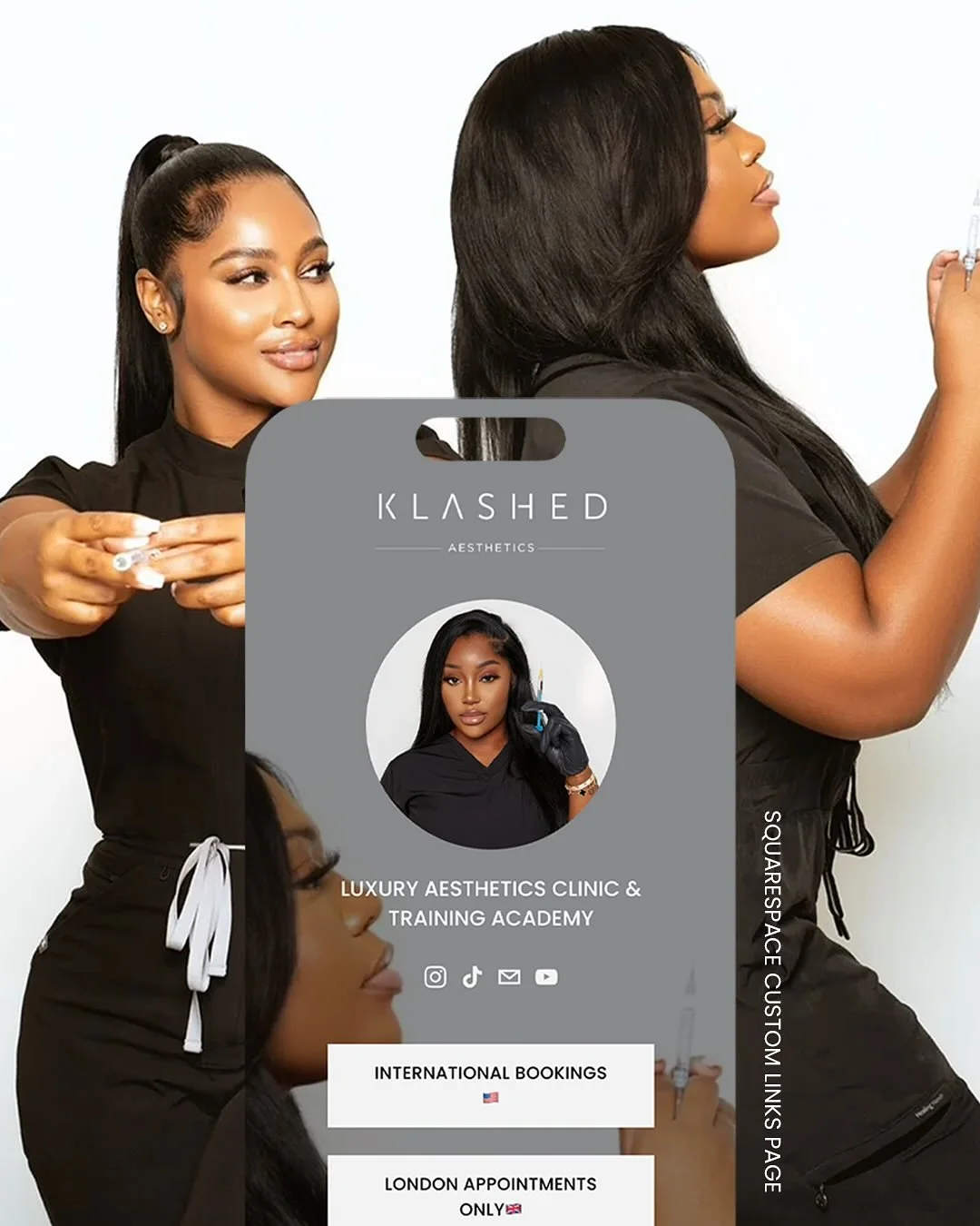 Custom links page for @klashedaesthetics 💉

Originally, Jumaima requested to revamp her Linktree as it felt misaligned with her brand &amp; generic

Instead we quickly suggested that she move away from Linktree &amp; create a new links page in Squar