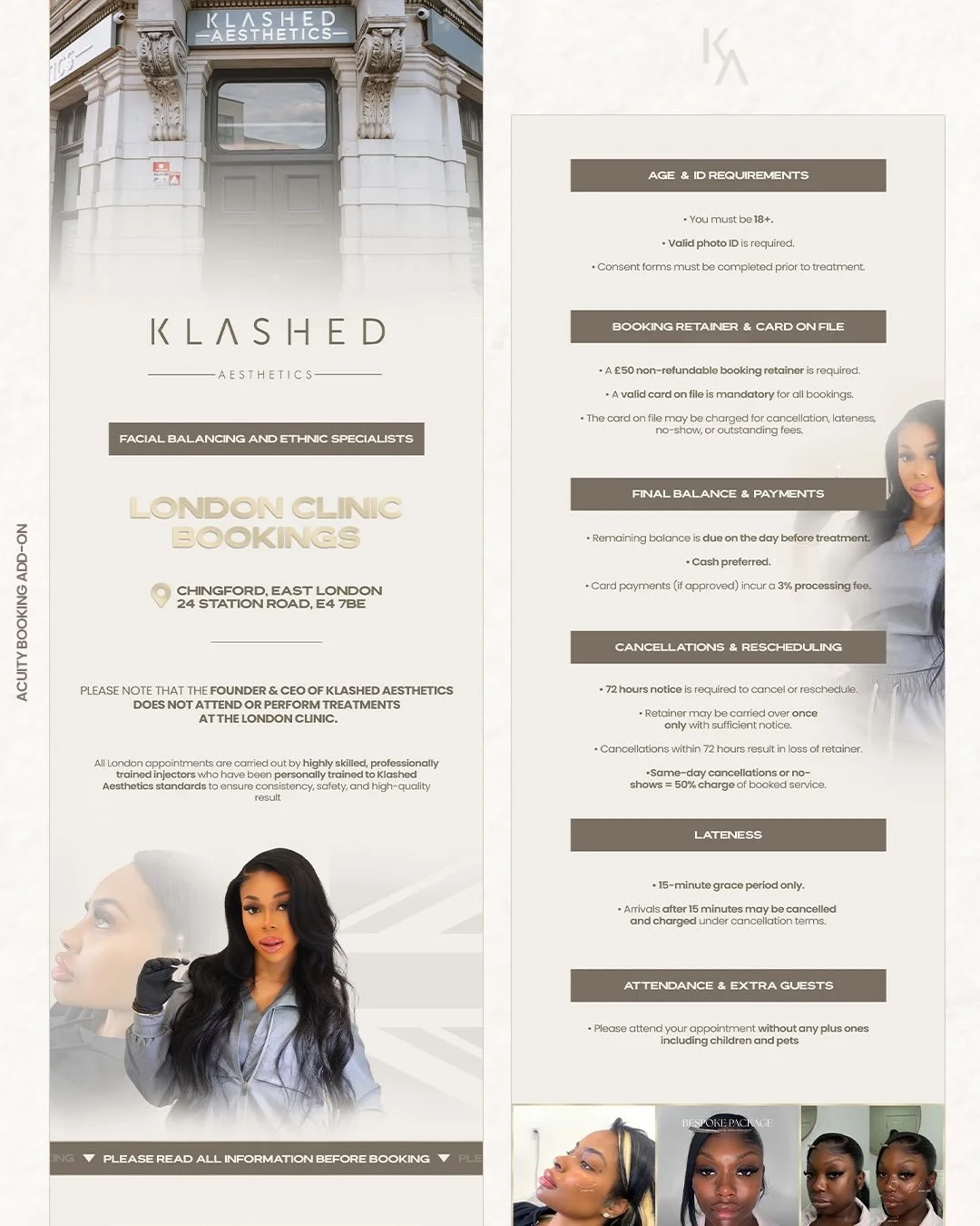 Acuity Website add-on for @klashedaesthetics 💉

My loyal client is an established aesthetic clinic owner &amp; requested a new Acuity Scheduling design in addition to her website which stayed cohesive with her brand, improved efficiency &amp; reduce