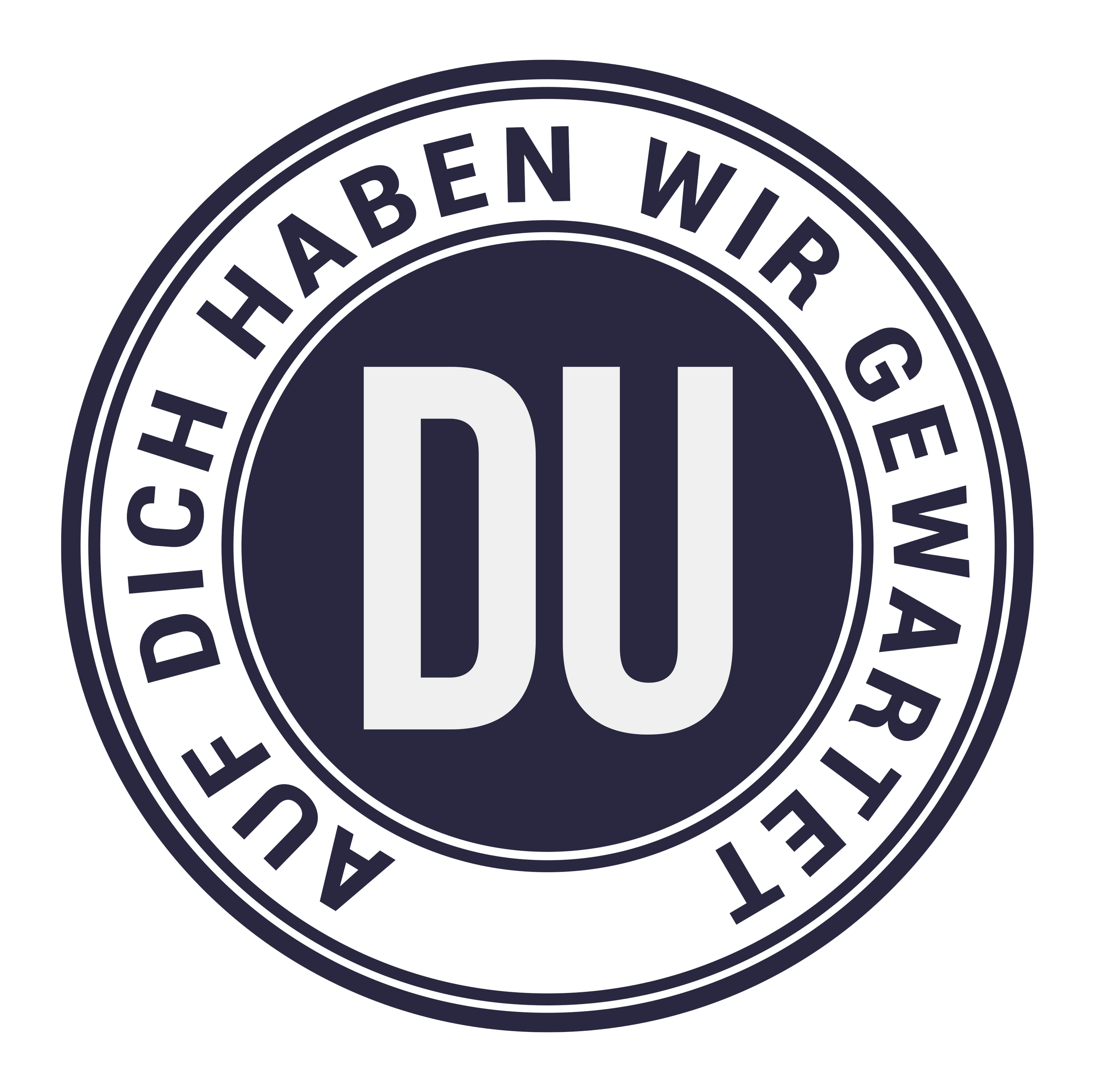 Runder Aufkleber mit dunklem Hintergrund und weißen Texten, darin steht 'HABEN WIR' und darin enthalten ist das Wort 'DU' in großen Buchstaben.