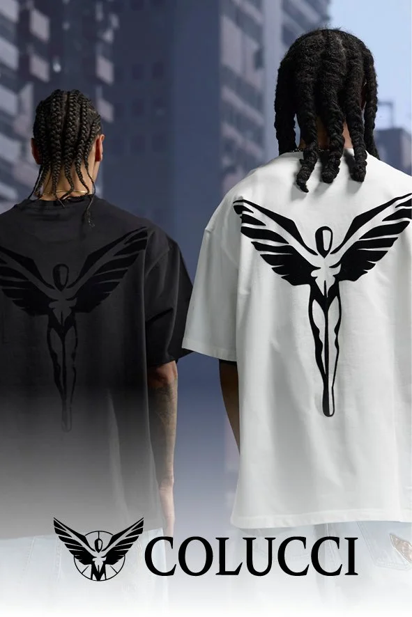 Zwei Personen mit aufgesticktem Symbol auf ihren Shirts, mit Blick auf eine Stadt im Hintergrund, Markenname Colucci unten.