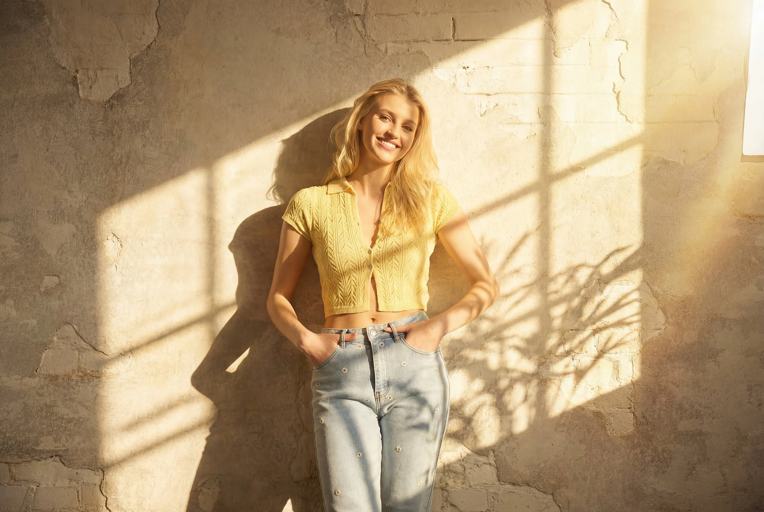 Junge Frau mit blonden, lockigen Haaren, in gelber Kurzarm-Knopfleibchen und Jeans, steht vor einer alten, hellen Mauer mit Sonnenlicht und Schatten. Sie lächelt freundlich.
