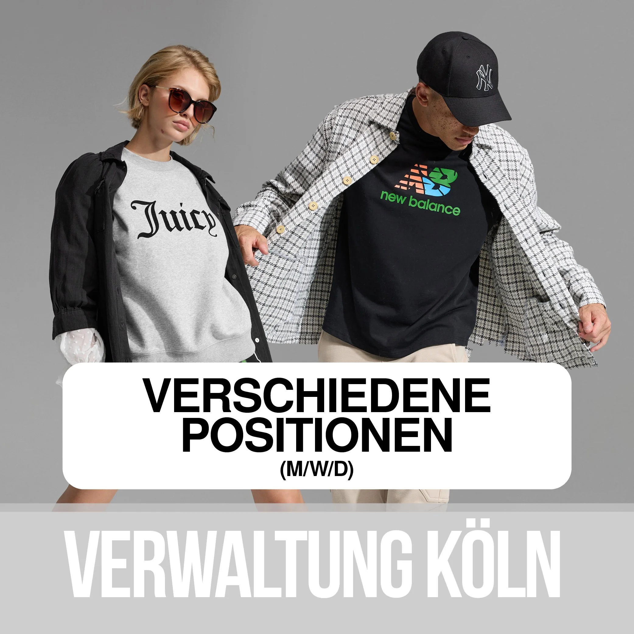 Menschen posieren vor einem grauen Hintergrund, einer trägt eine schwarze Cap mit NY-Logo, die andere trägt eine Sonnenbrille und ein T-Shirt mit Juicy-Print. Über dem Bild befindet sich ein Text in mehreren Zeilen, der mit großen Buchstaben beginnt und sich auf verschiedene Berufe bezieht.