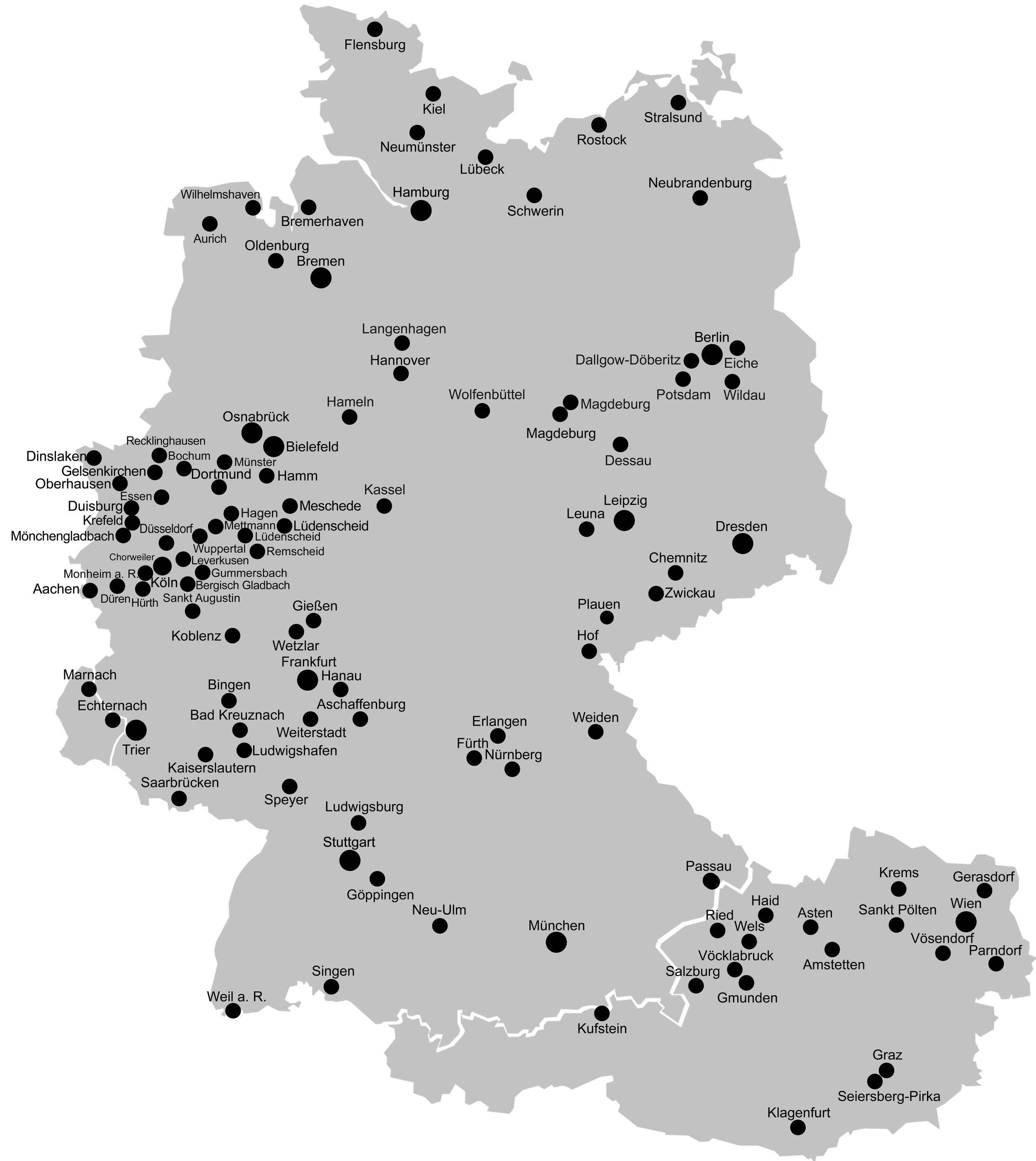 Karte von Deutschland mit Städtenamen und schwarzen Punkten.