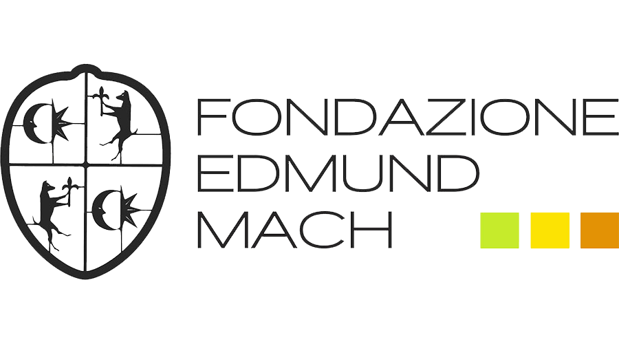 Logo of Fondazione Edmund Mach showing a shield with unicorns and crescents, alongside the name and colored squares.