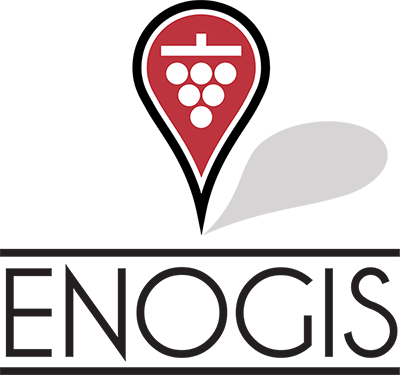 Logo with a black map-like shape and a red pin symbol containing grape cluster graphics.