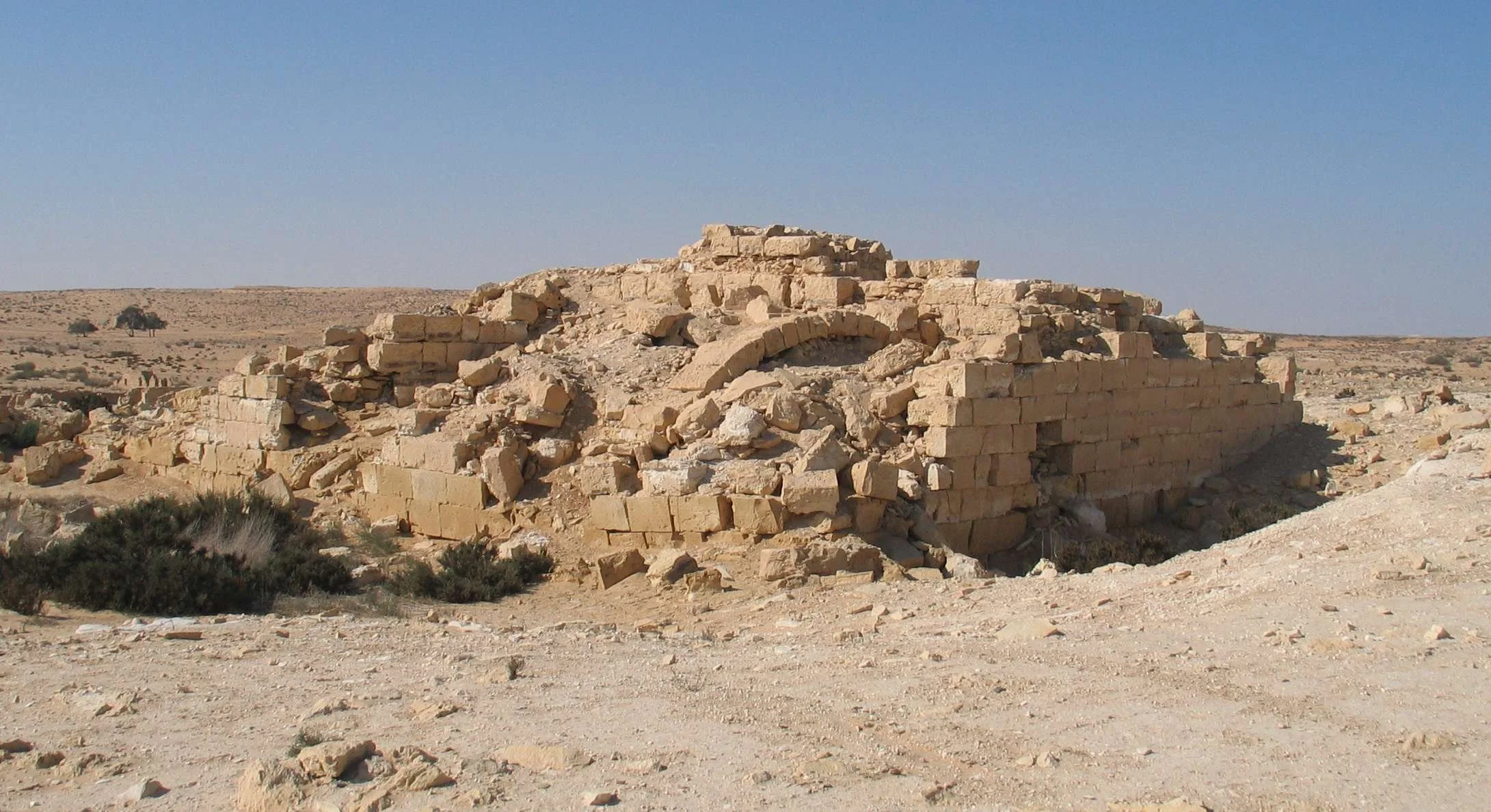 Ruins of ancient Elusa (Haluza) in the Negev desert, with scattered stone walls and remains of the ancient settlement.
