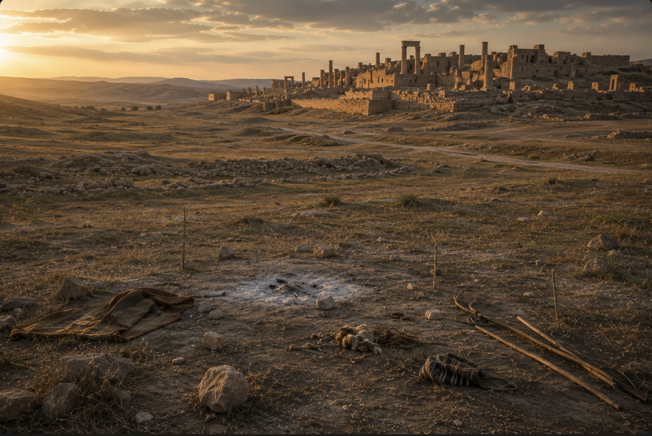 Faint remains of an abandoned pastoral campsite in the foreground with substantial ancient stone ruins in the distance.