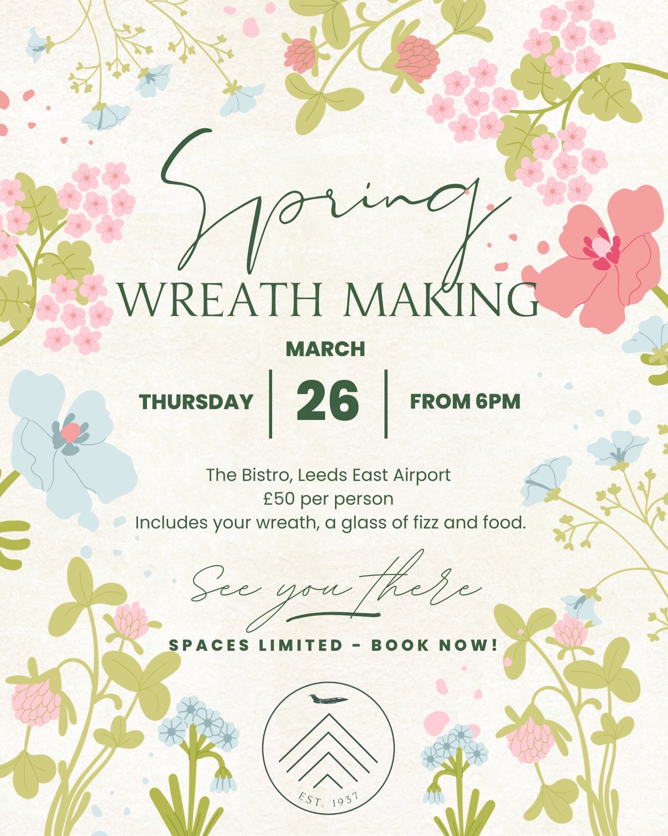 ✨ Spring Wreath Workshop at The Bistro ✨

Gather the girls (or the boys&hellip;) for a relaxed and creative evening crafting your own beautiful Spring Wreath on Thursday 26th March at 6pm.

Enjoy a glass of fizz and an antipasti grazing board while y
