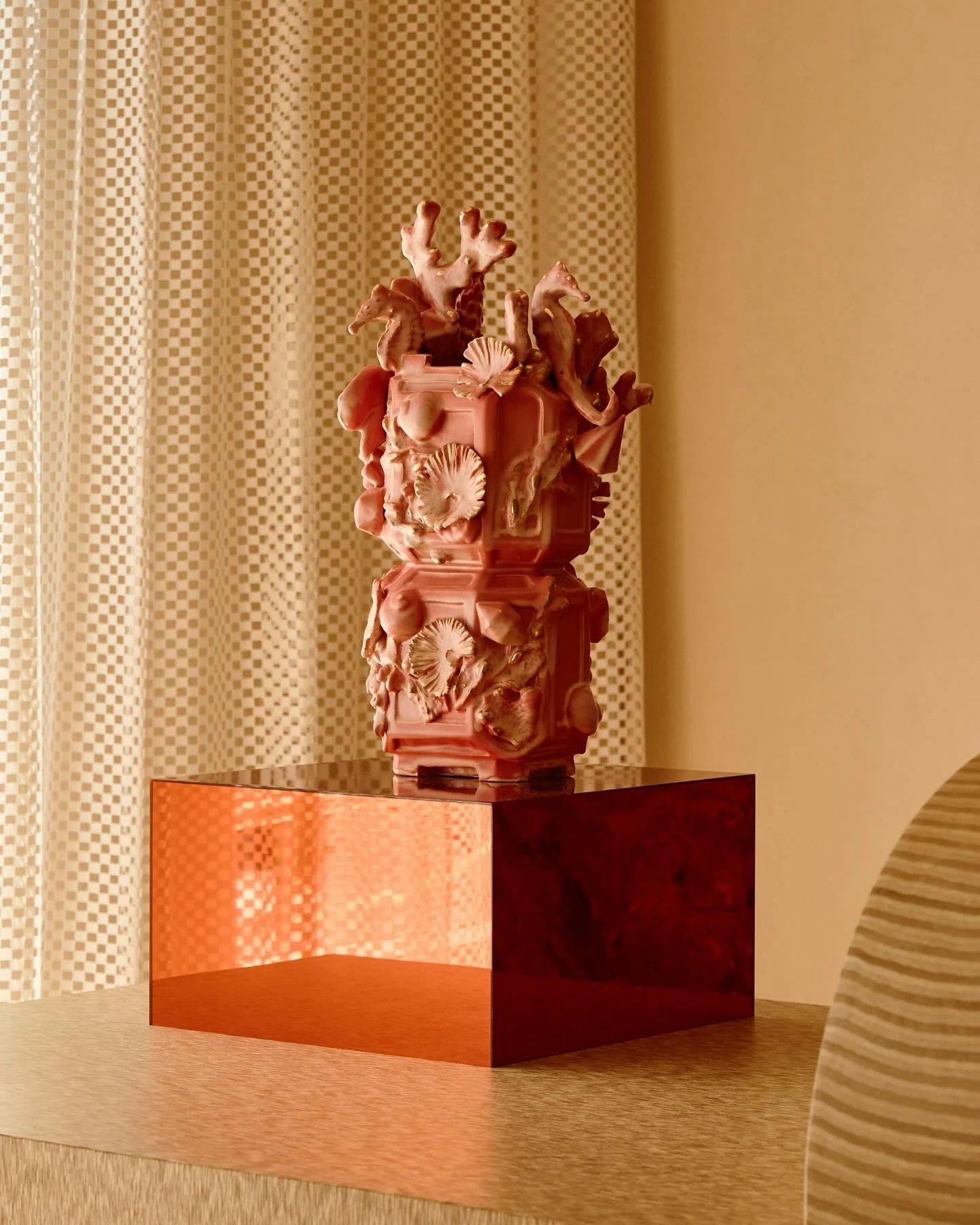 Gilded Tropic, 2025
Glazed stoneware with 14k gold luster, mirrored plexiglass
31.5” H x 16” W x 16” D
When the @theshelborne approached me about creating custom objects for their public spaces, I was pretty excited—the locat