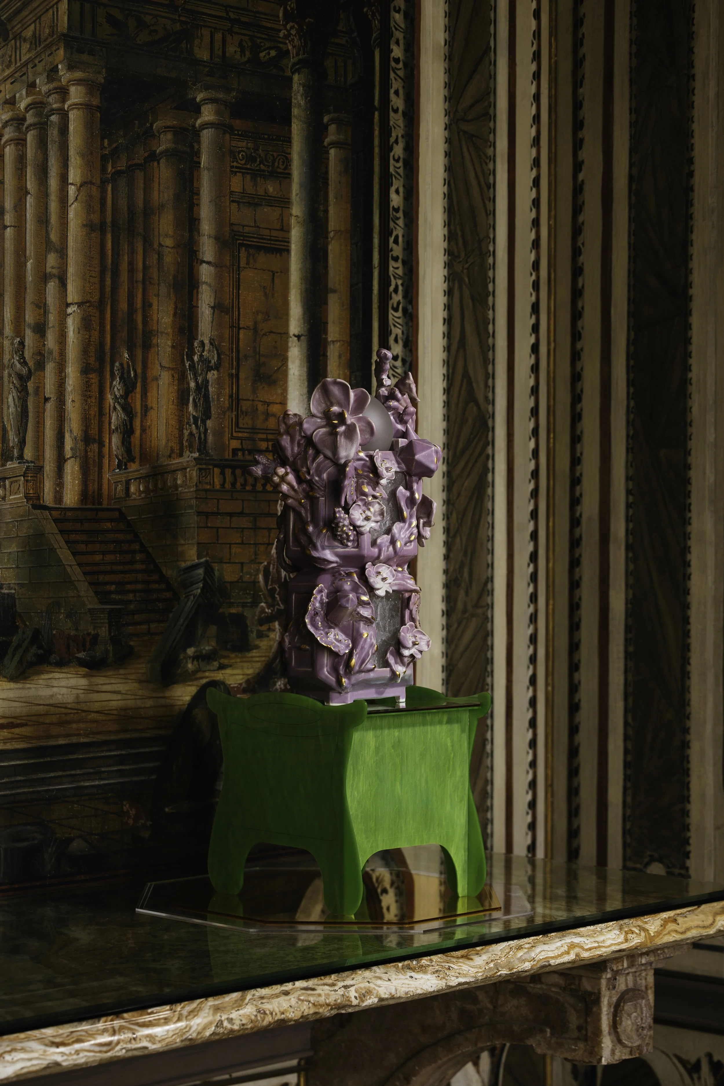 Alternate view, Garden Lantern, 2024, Ceramic, cast glass, and blown glass on plexi display, 32 x 12 x 10 inches