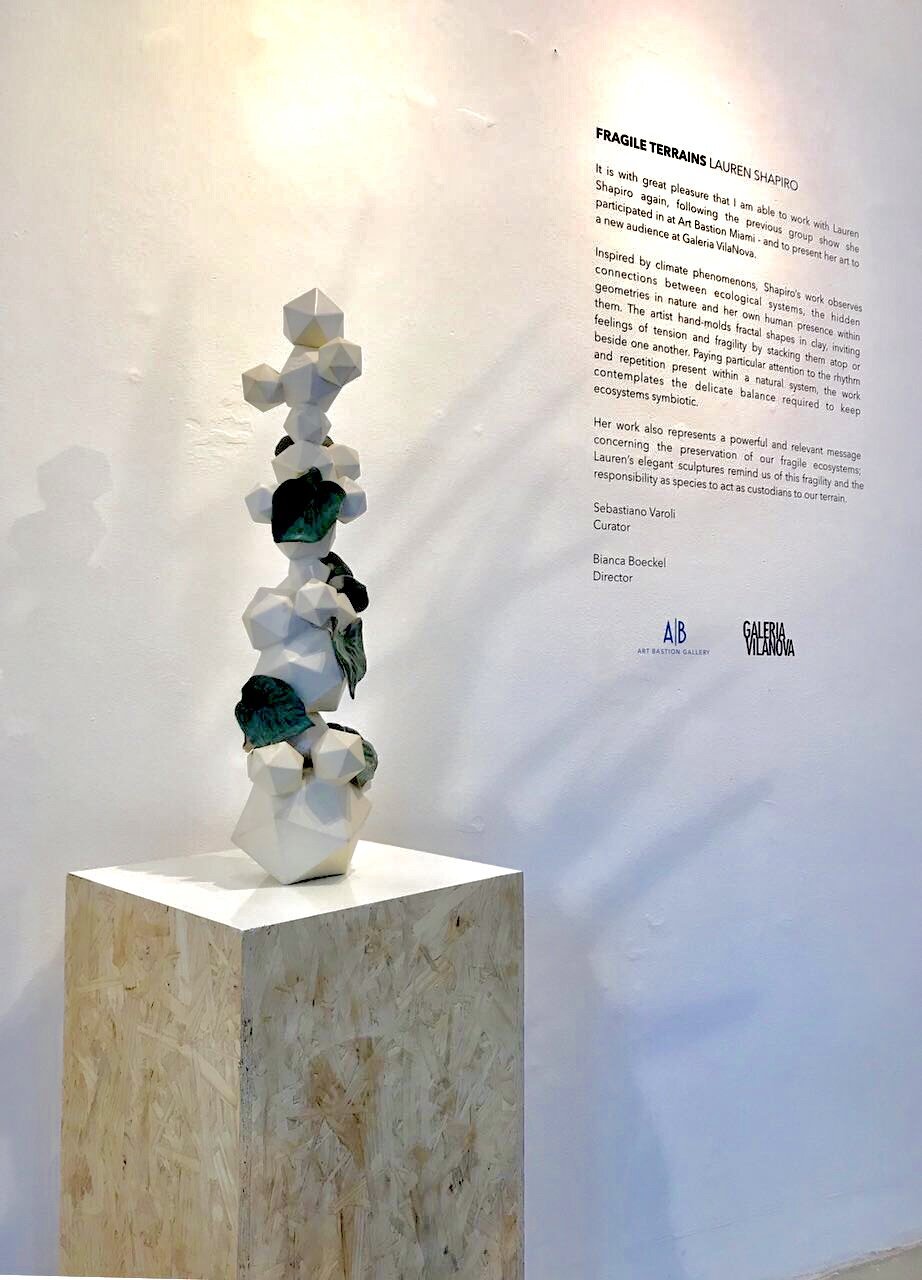 Abstract sculpture with hexagonal and organic shapes on a pedestal, displayed in an art gallery. There is an informational plaque on the wall explaining the artwork and the artist's inspiration.