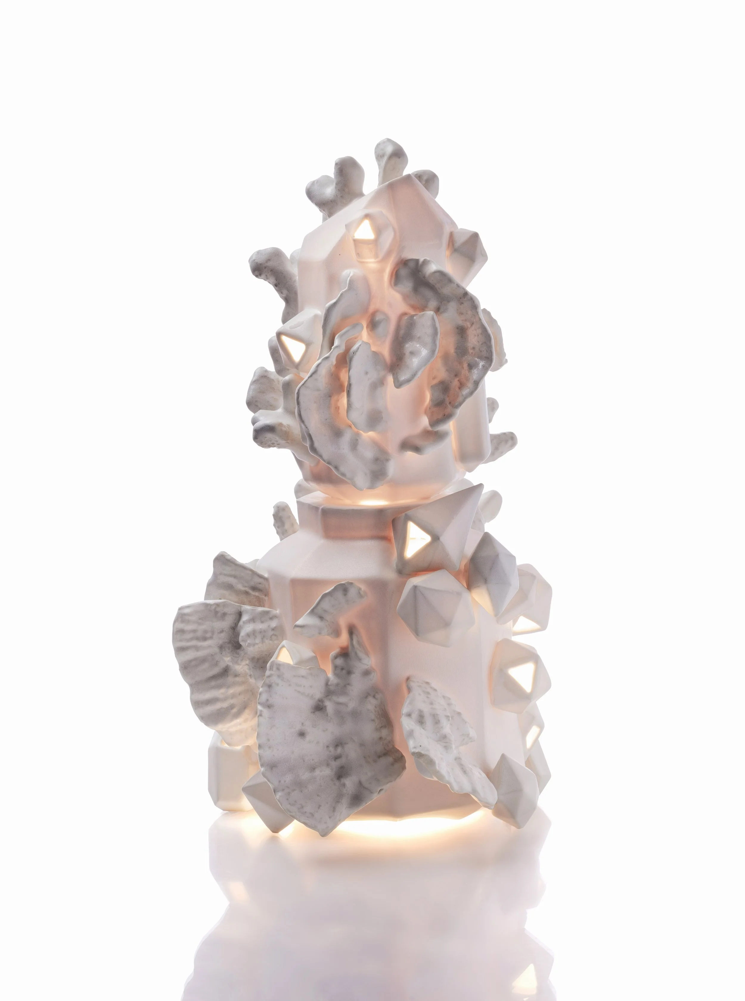 Lauren Shapiro's light-based ceramic sculptures incorporating 3D coral scans, exhibited in Fragile Beauty at the Jewish Museum of Florida, highlighting endangered marine ecosystems during Miami Art Week 2022.