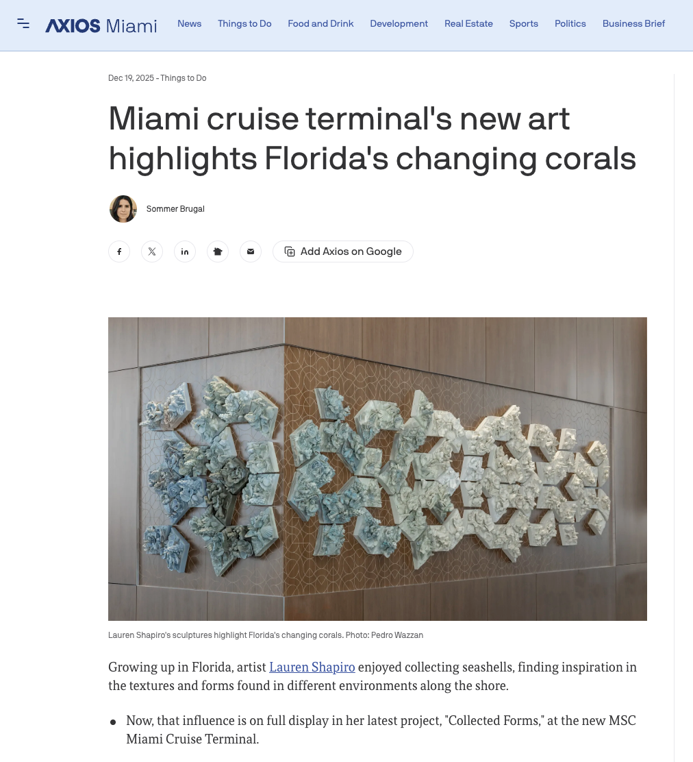 Close up view of ceramic coral sculptures by Miami artist Lauren Shapiro at the MSC Miami Cruise Terminal showing textured white blue and green coral forms that highlight changing coral reef ecosystems and reflect Florida’s marine identity
