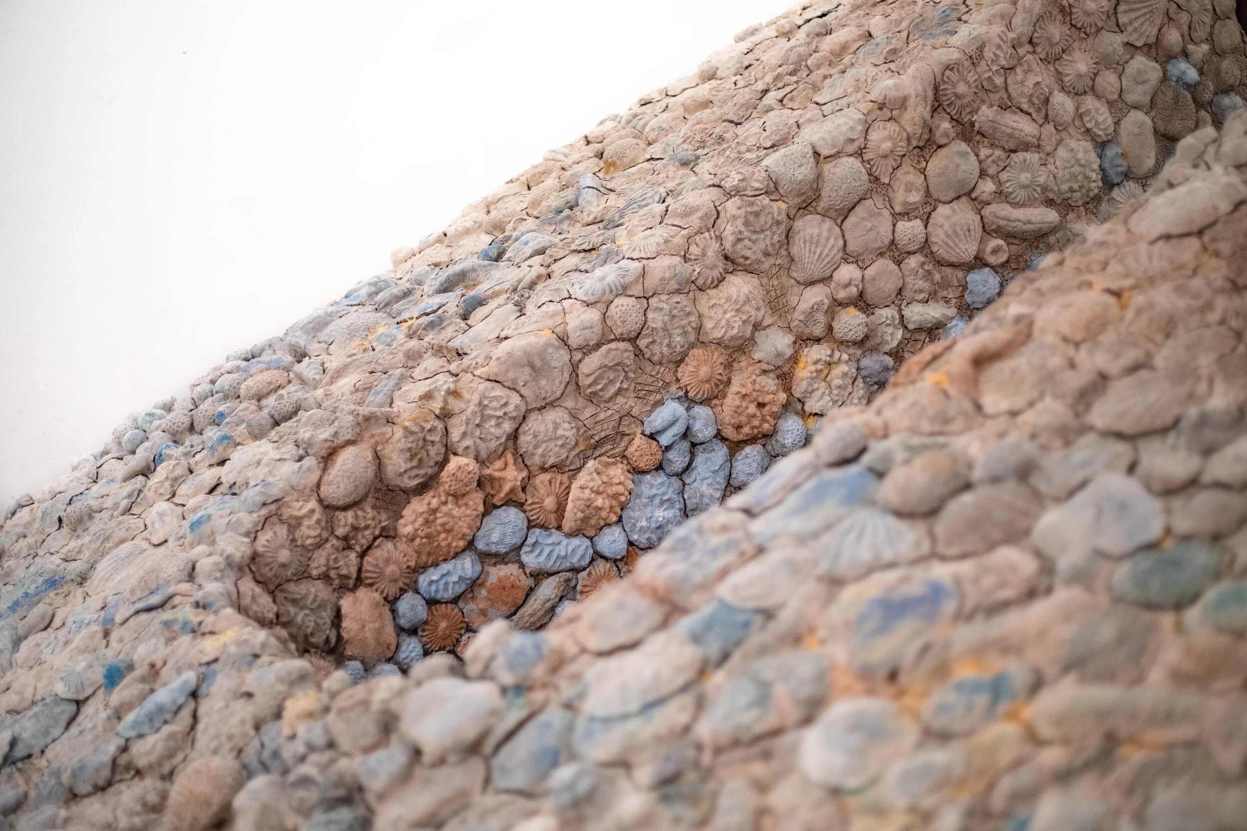 Close-up view of sculptural monumental sunken arches covered in clay forms like seashells and corals.
