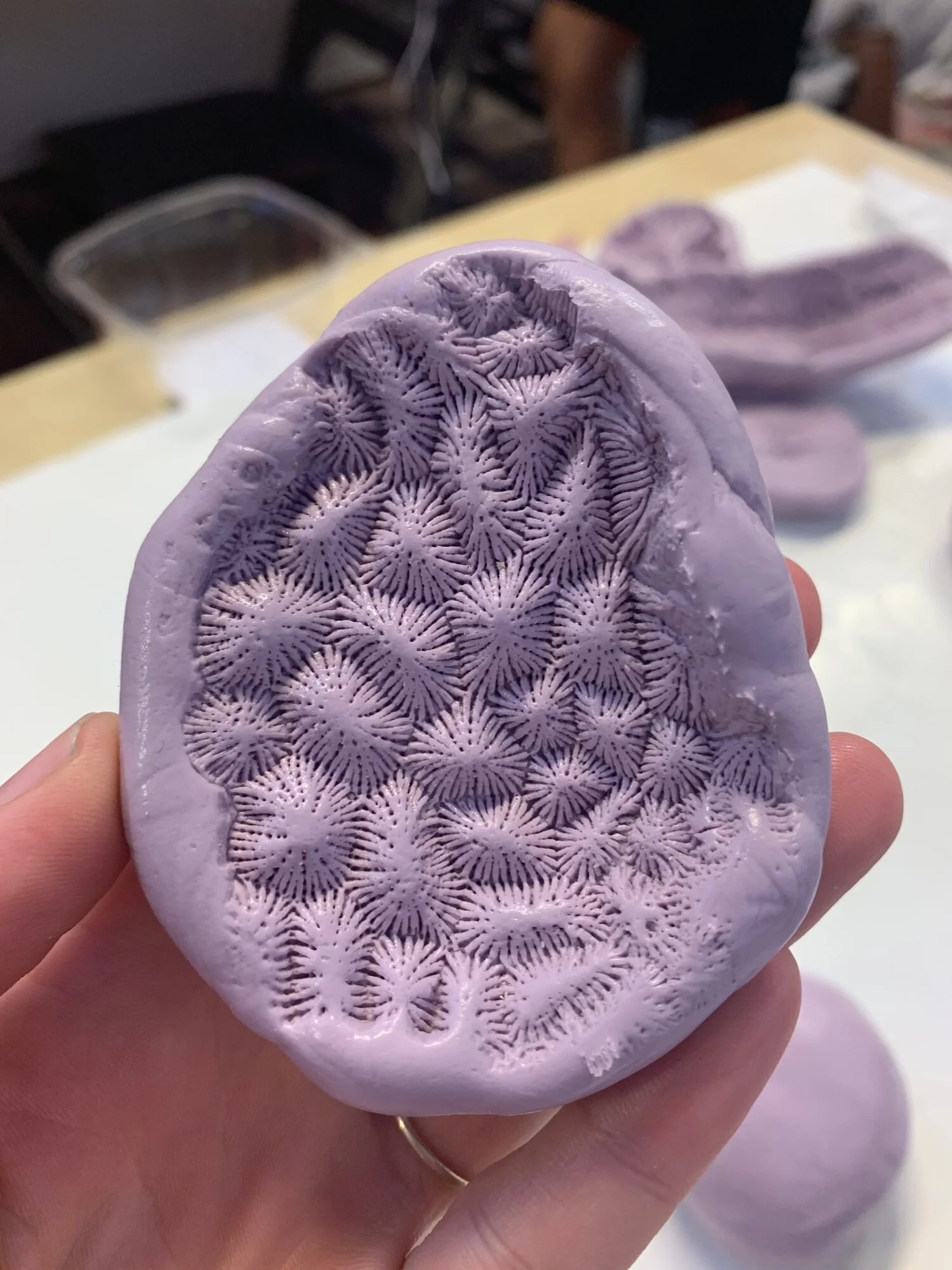A purple silicone mold with intricate coral reef-like patterns carved into the surface.