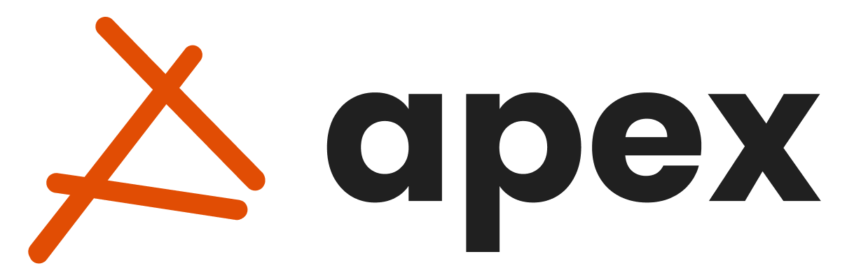 A black logo featuring an orange stylized triangle with crossed lines and the word 'apex' in lowercase black letters.
