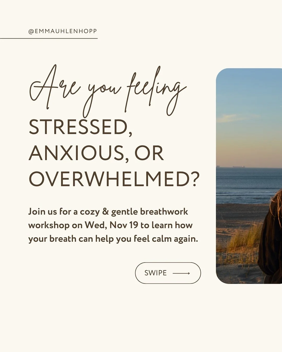 Your breath can help you feel calm again 😌 This workshop is a gentle space to slow down, soften, and return to stillness.

We&rsquo;ll explore simple breathwork practices to calm the mind, relax the body, and help bring your nervous system back into