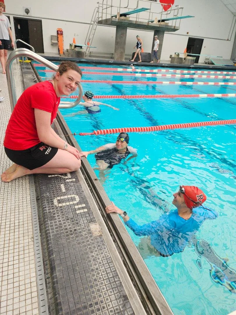 Adult swimmers receiving swim meet instruction from the RPI Swim Team during an Empire State Endurance and Adirondack Masters Swimming clinic.