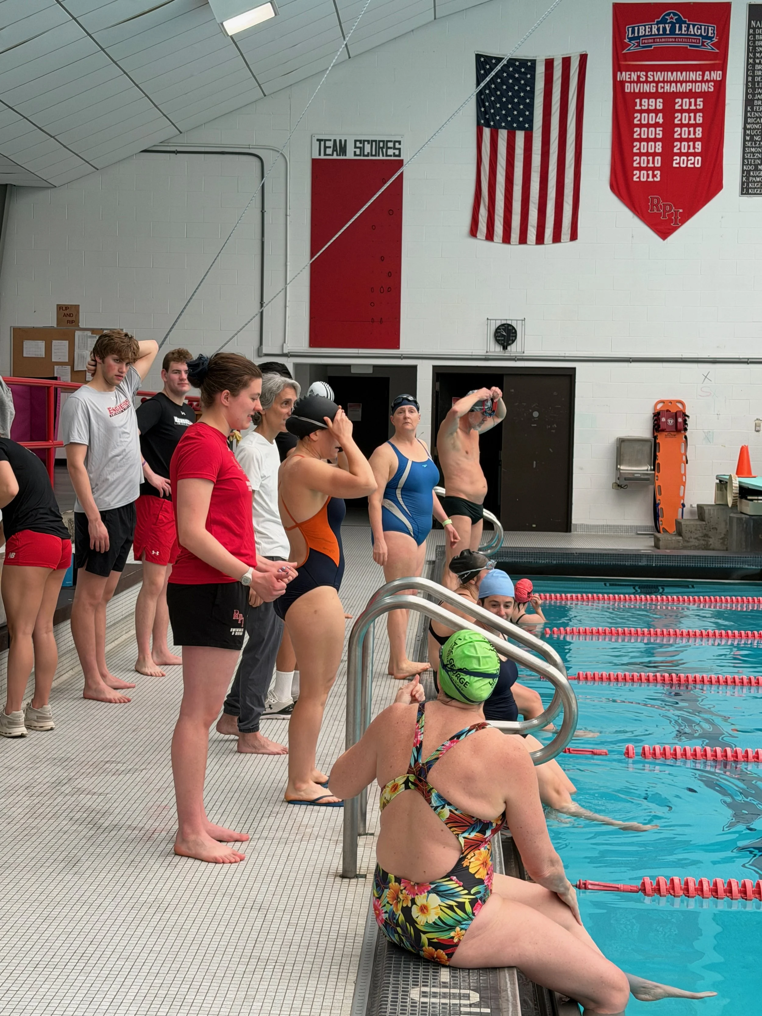 Swimmers learning competitive swim meet skills during the Empire State Endurance and Adirondack Masters Swimming Swim Meet Prep Clinic taught by the RPI Swim Team.