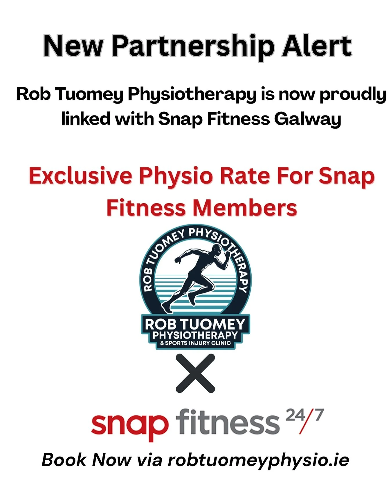 🚨 New Partnership Alert 🚨

I&rsquo;m delighted to announce that Rob Tuomey Physiotherapy is now partnered with Snap Fitness Gym Galway 💪

As part of this partnership, Snap Fitness Gym members can avail of an exclusive physiotherapy rate at my clin
