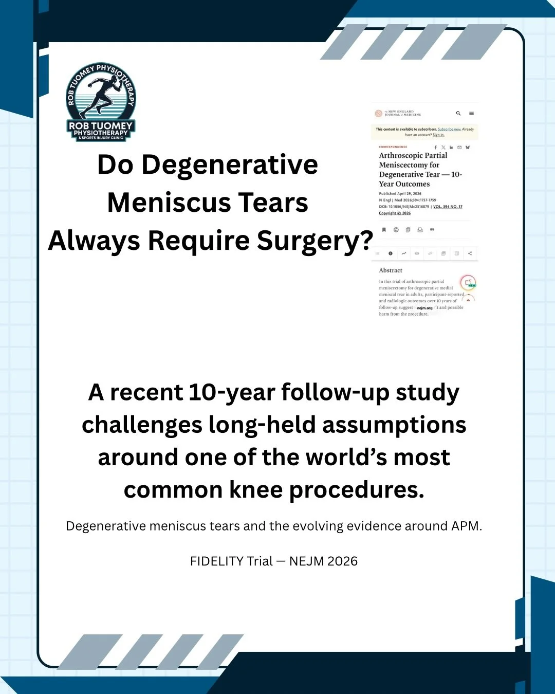 Degenerative meniscal tears are a common finding in middle-aged and older adults with knee pain.

A recent 10-year follow-up study published in the New England Journal of Medicine examined outcomes following arthroscopic partial meniscectomy (APM) fo