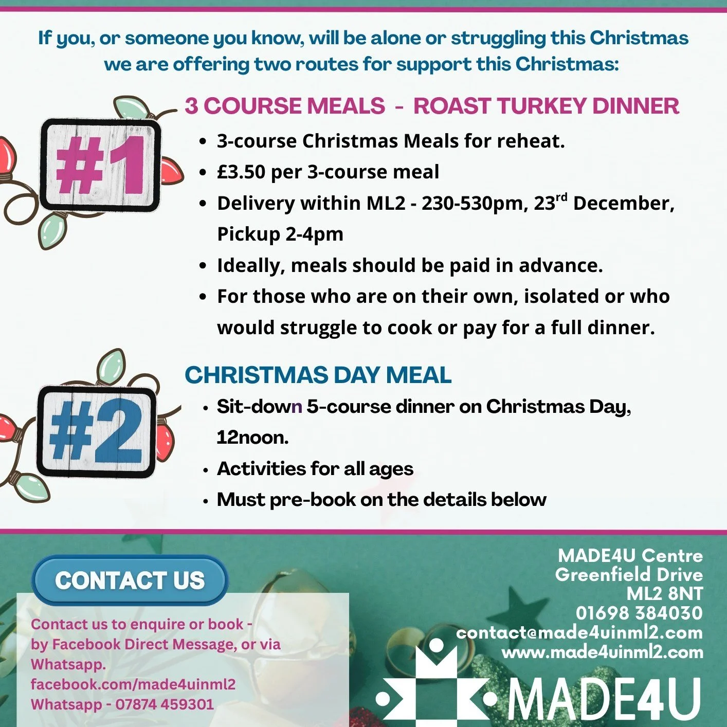 We're offering 3-course Christmas meals again for &pound;3.50 per meal. 

But our NEW support to the community is a sit-down Christmas meal with us. It's perfect for families who are struggling, those on their own or someone you want to refer to our 