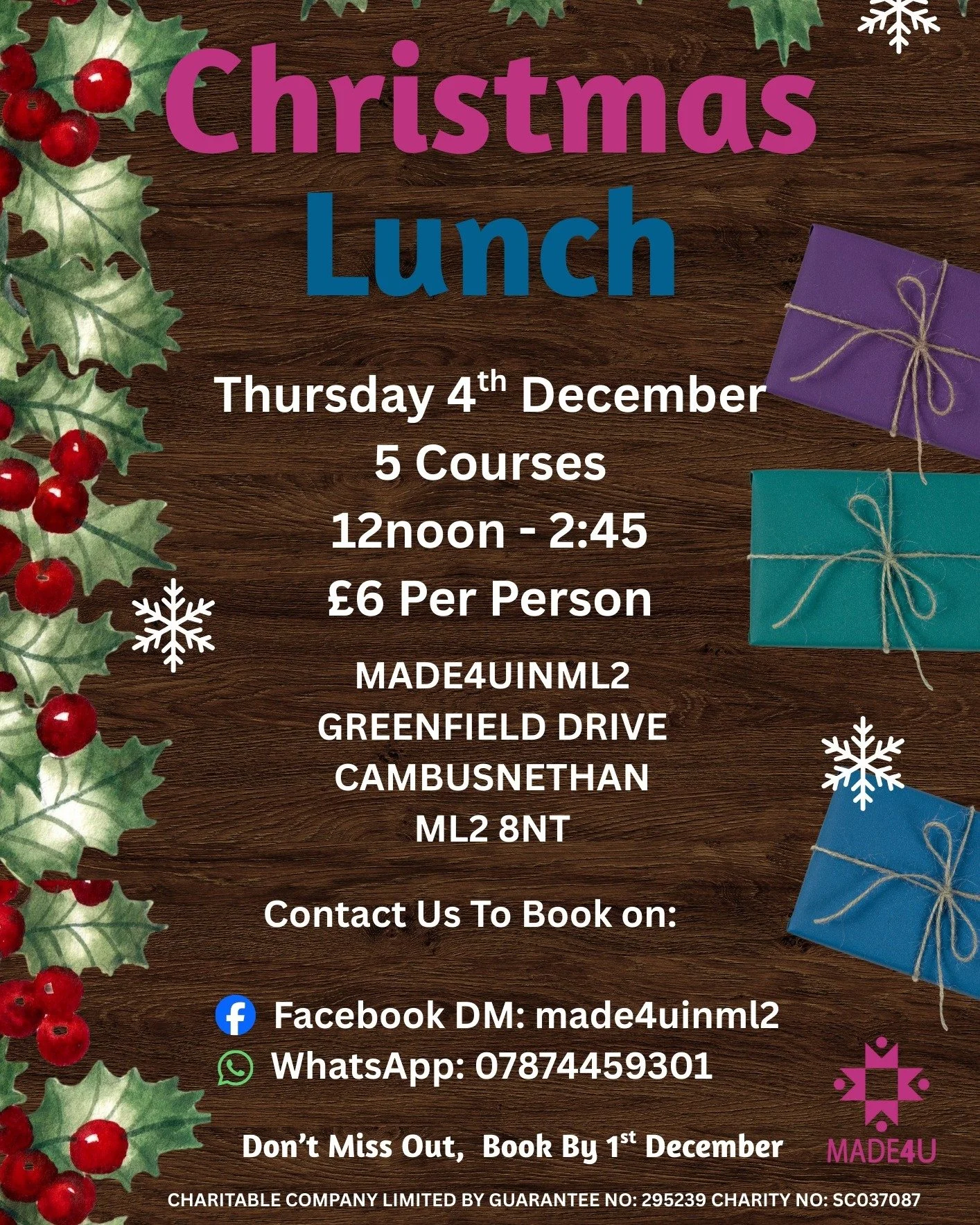 🎄 MADE4U Christmas Lunch 🎄

Join us on Thursday 4th December for a festive afternoon filled with good food, great company and plenty of Christmas cheer! ⭐

🍽 5-course Christmas Lunch
⏰ 12noon &ndash; 2:45pm
💷 &pound;6 per person
📅 Book by 1st De