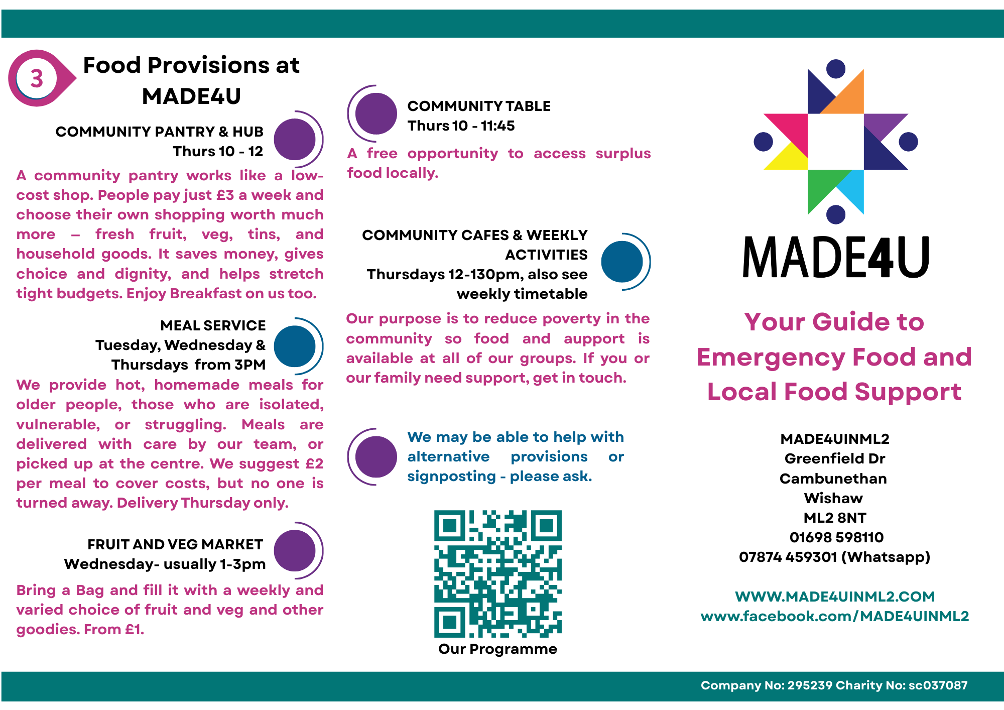 Information flyer for MADE4U about local food support programs, including community pantry, hot meal service, community cafes, weekly activities, fruit and veg market, contact details, and QR code.