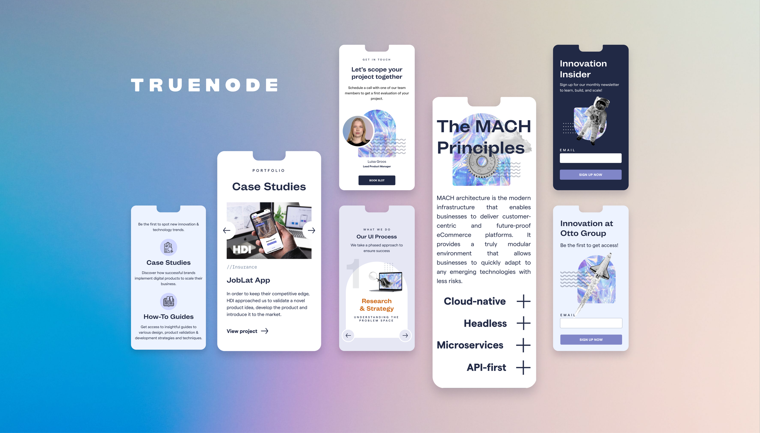 Mobile interface prototypes displayed on screens with text and graphics, covering topics such as case studies, interviews, eCommerce, design, and project inquiries, set against a gradient background.