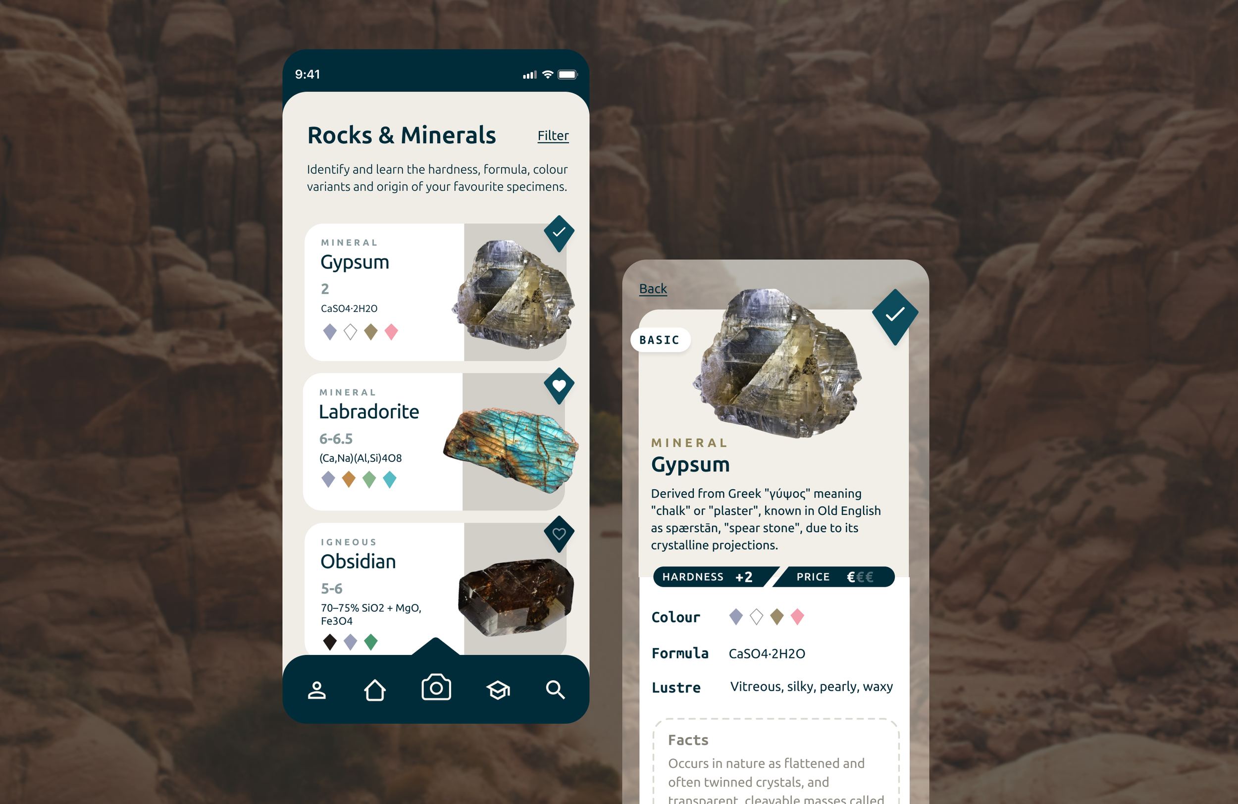 Mobile app interface displaying information on rocks and minerals, including gypsum, labradorite, and obsidian, with details on hardness, color, and chemical formula. The background shows a rocky landscape.