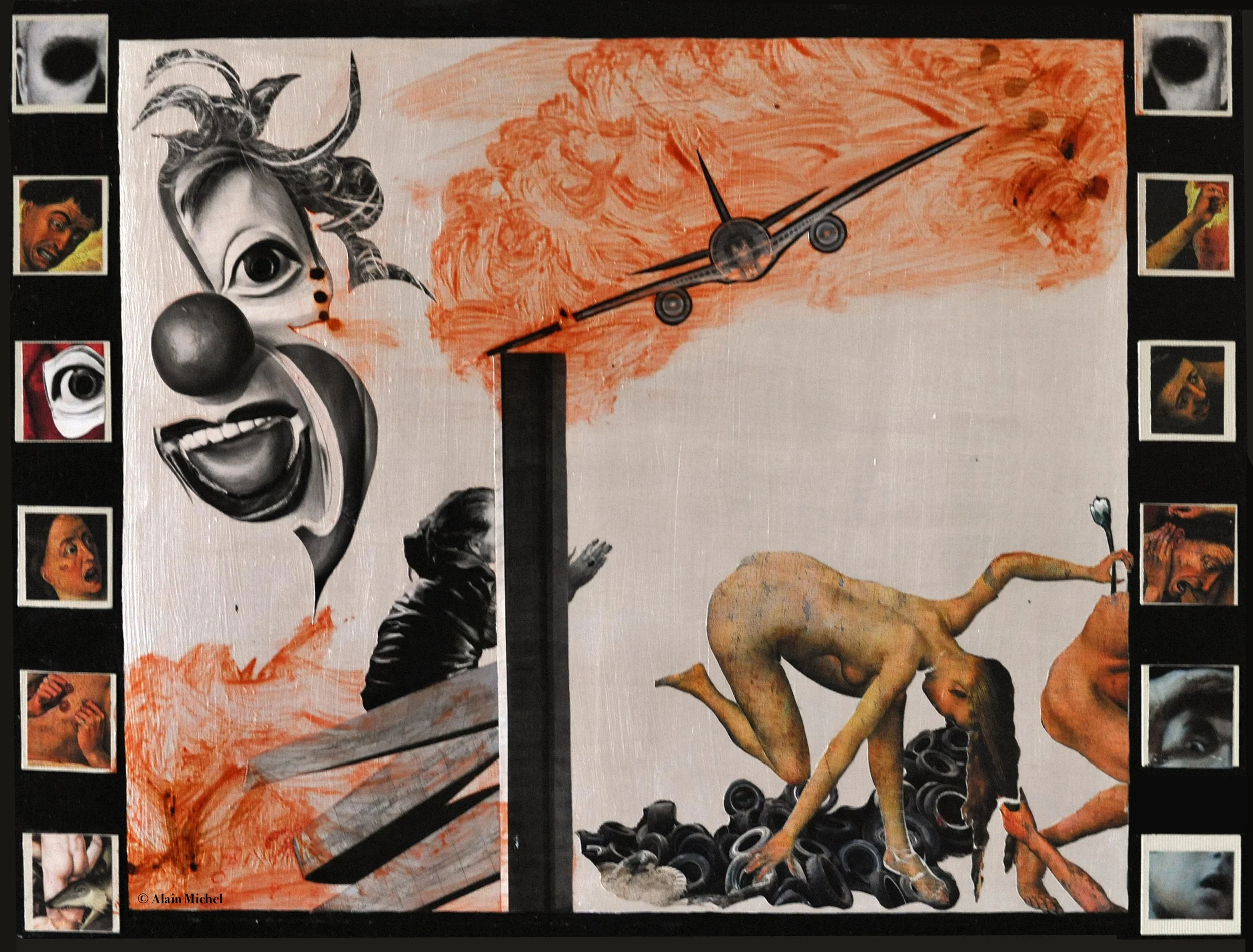 "La Peur II", peinture-collage sur plaque Offset (35x60)