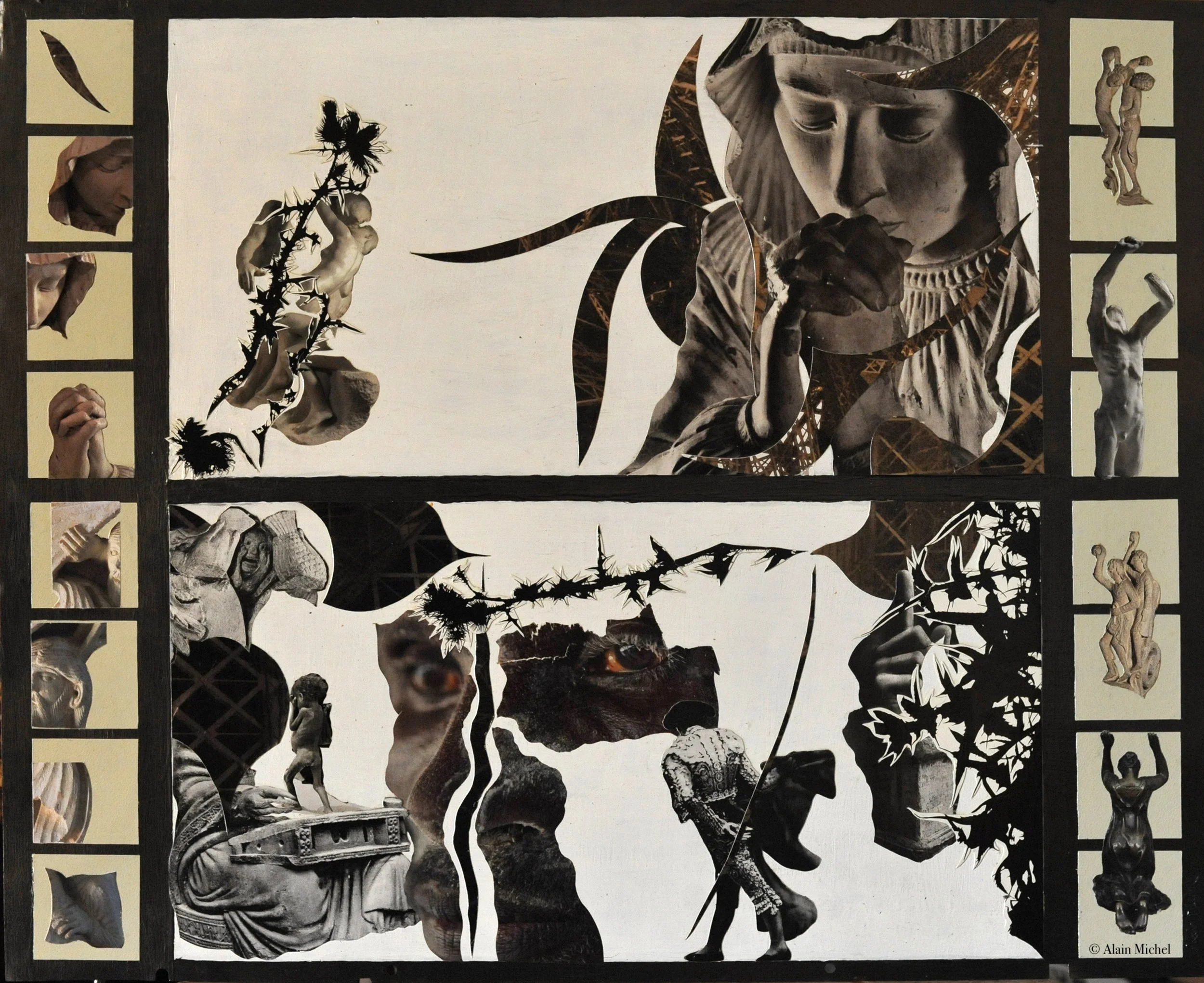 "Mais où vont toutes nos prières I", peinture-collage sur plaque Offset (60x75)