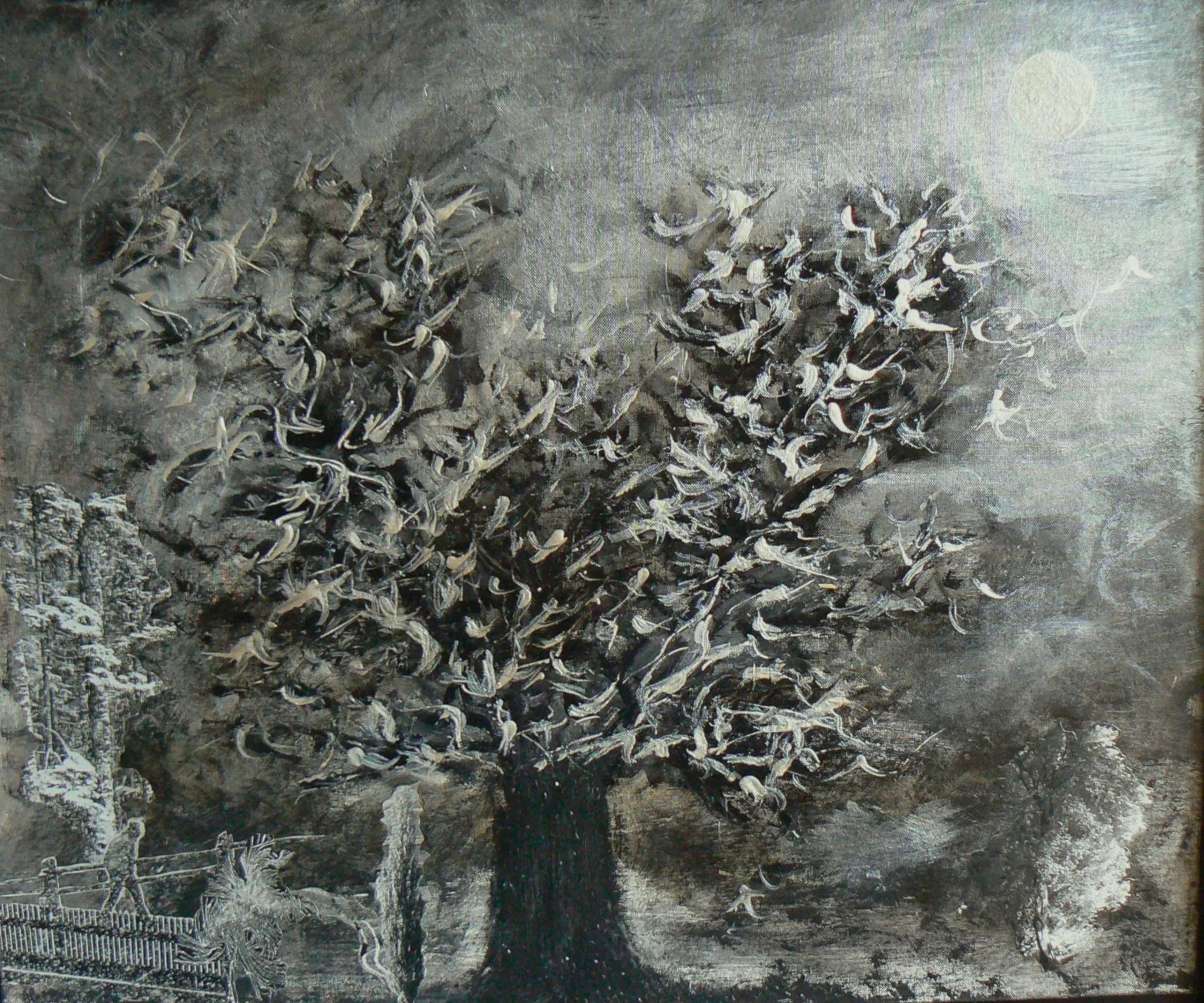 "Arbres et vent", Peinture-collage sur carton-toile (55x65) vendu