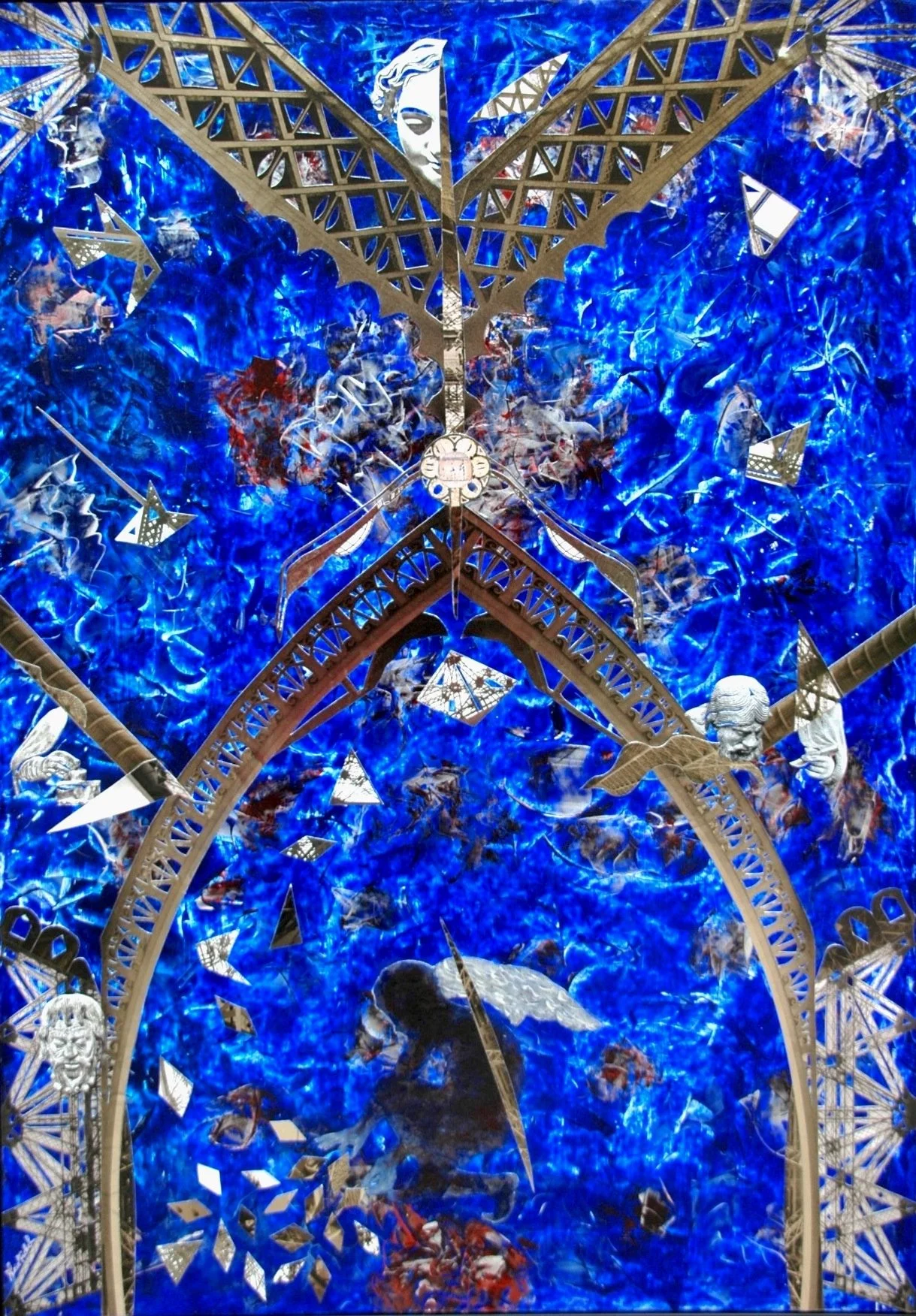 "L'Ange bâtisseur", peinture-collage sur carton (80x113) dans caisse américaine