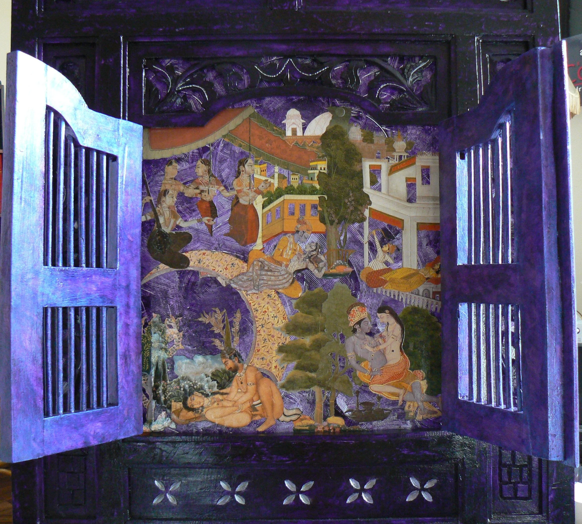 "Kâma Sûtra", peinture-collage sur panneau et deux portes, commande