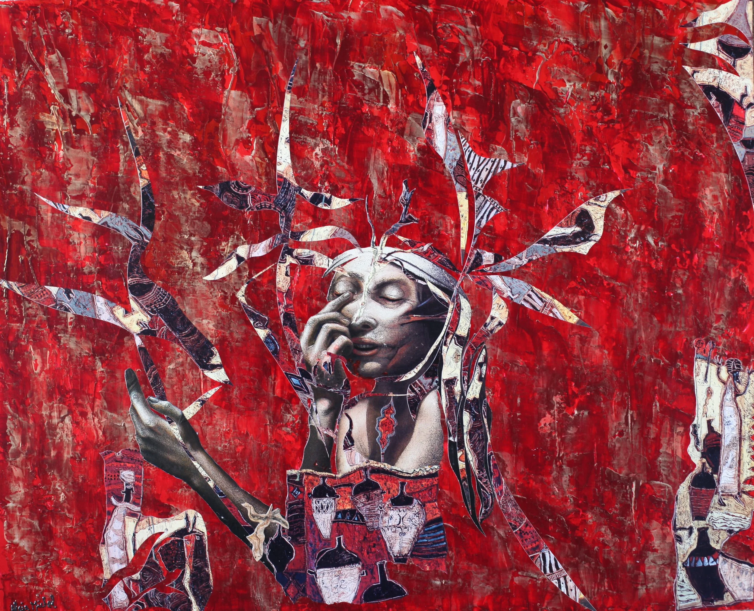 "Amérindien", peinture-collage sur plaque Offset  montée sur châssis (60x75)