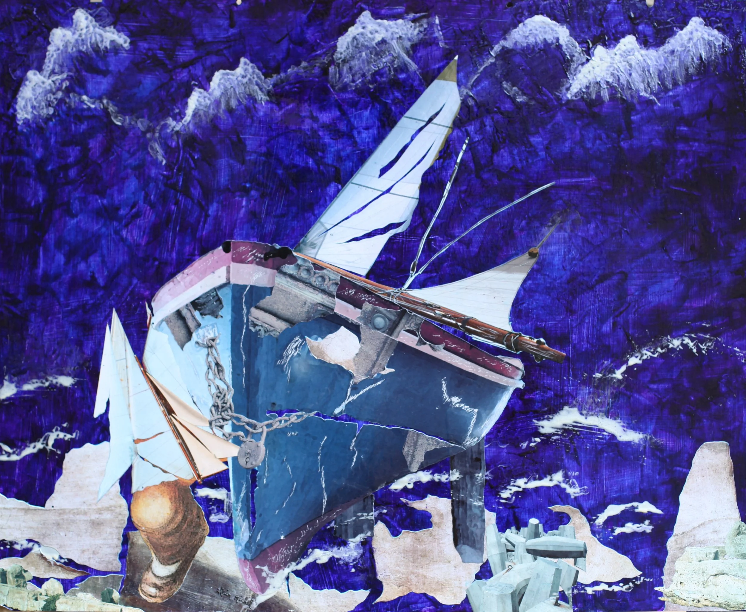 "Retour de naufrage", peinture-collage sur plaque Offset (60x75), vendu