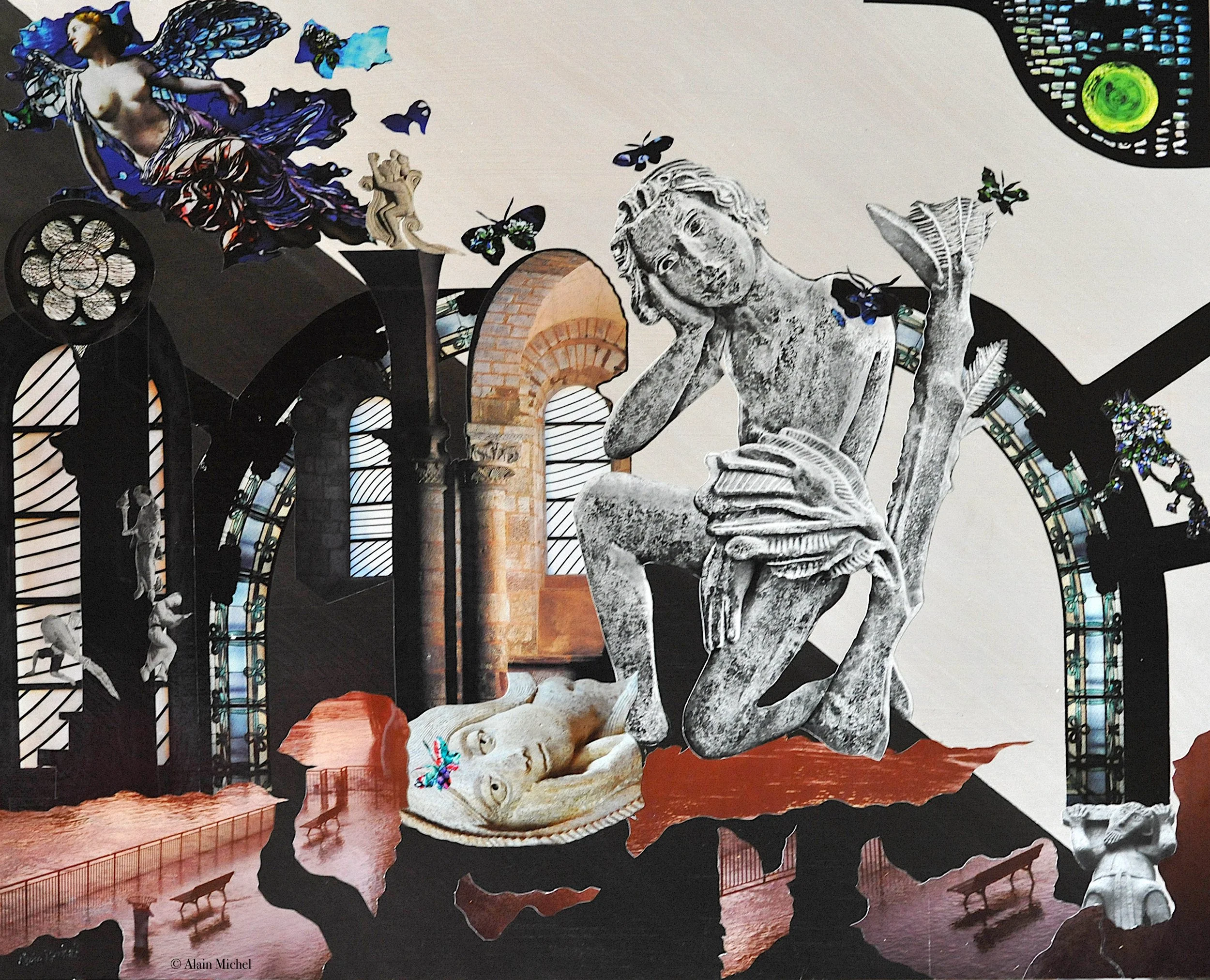 "Mais où vont toutes nos prières II", peinture-collage sur plaque Offset (60x75)