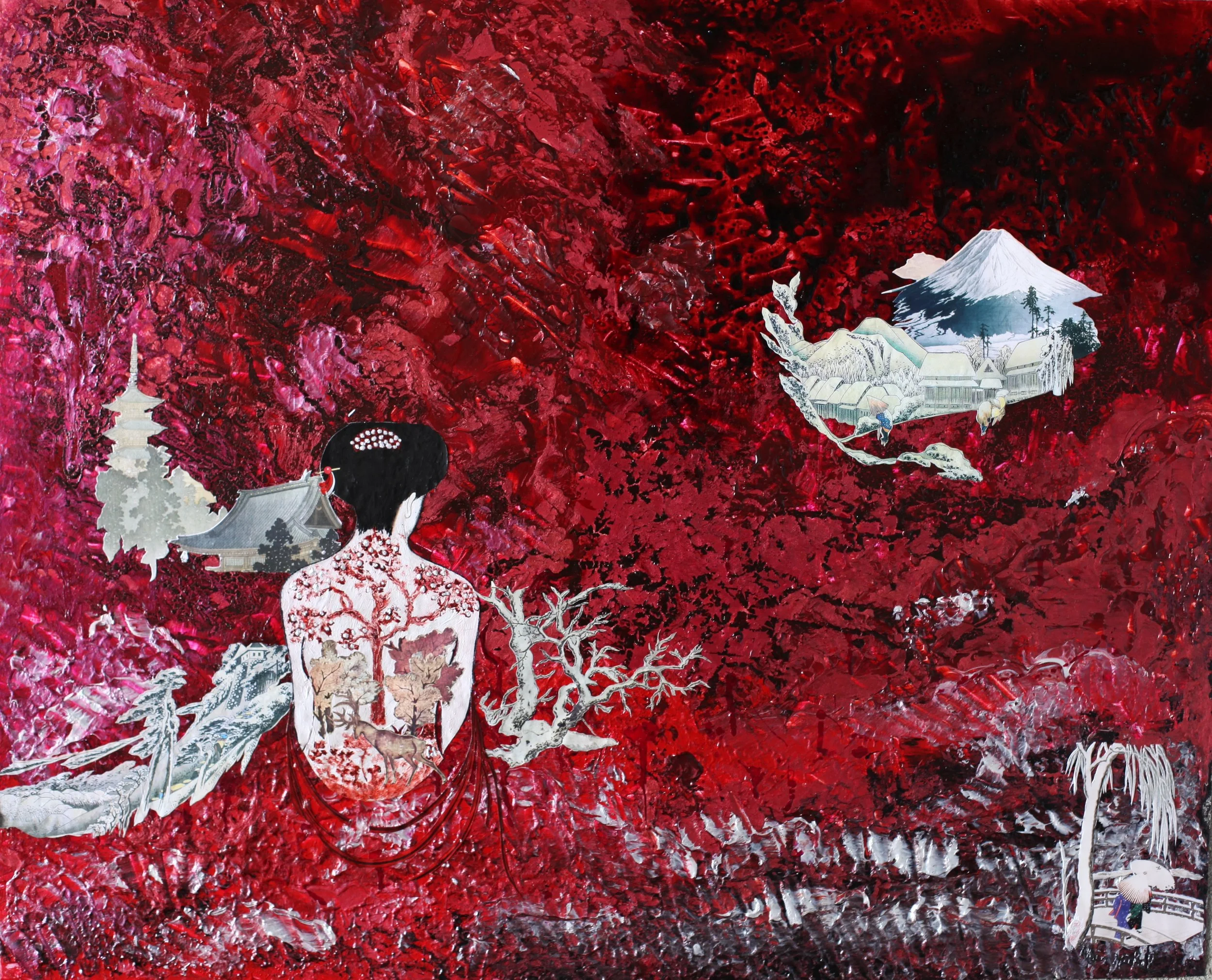 "Japonaise devant Fuji", peinture-collage sur plaque Offset (60x75), vendu